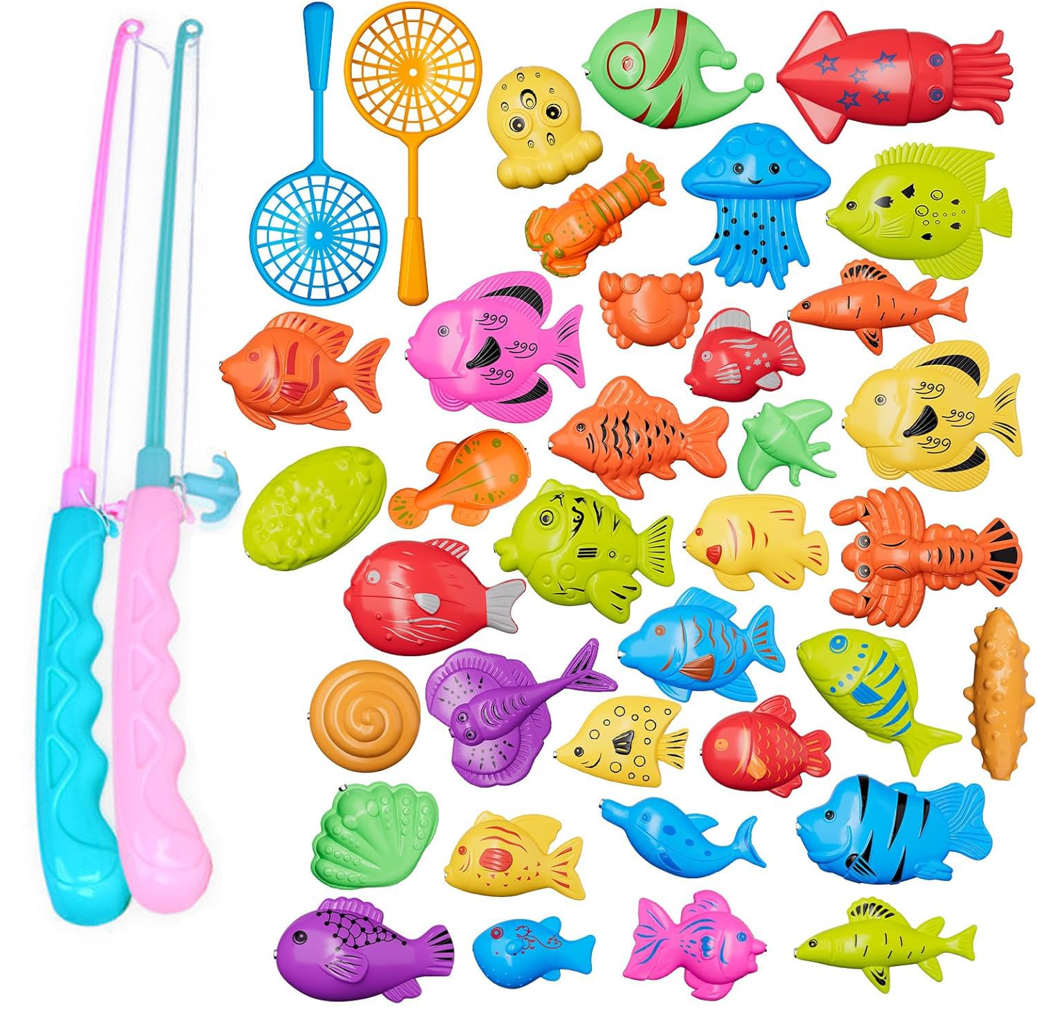 Magnetic Fishing Pool Toys Game for Kids, Fishing Water Table Bathtub Toy with Inflatable Pool Pole Rod Net Plastic Floating Fish, Water Bath Pool Outdoor Toys