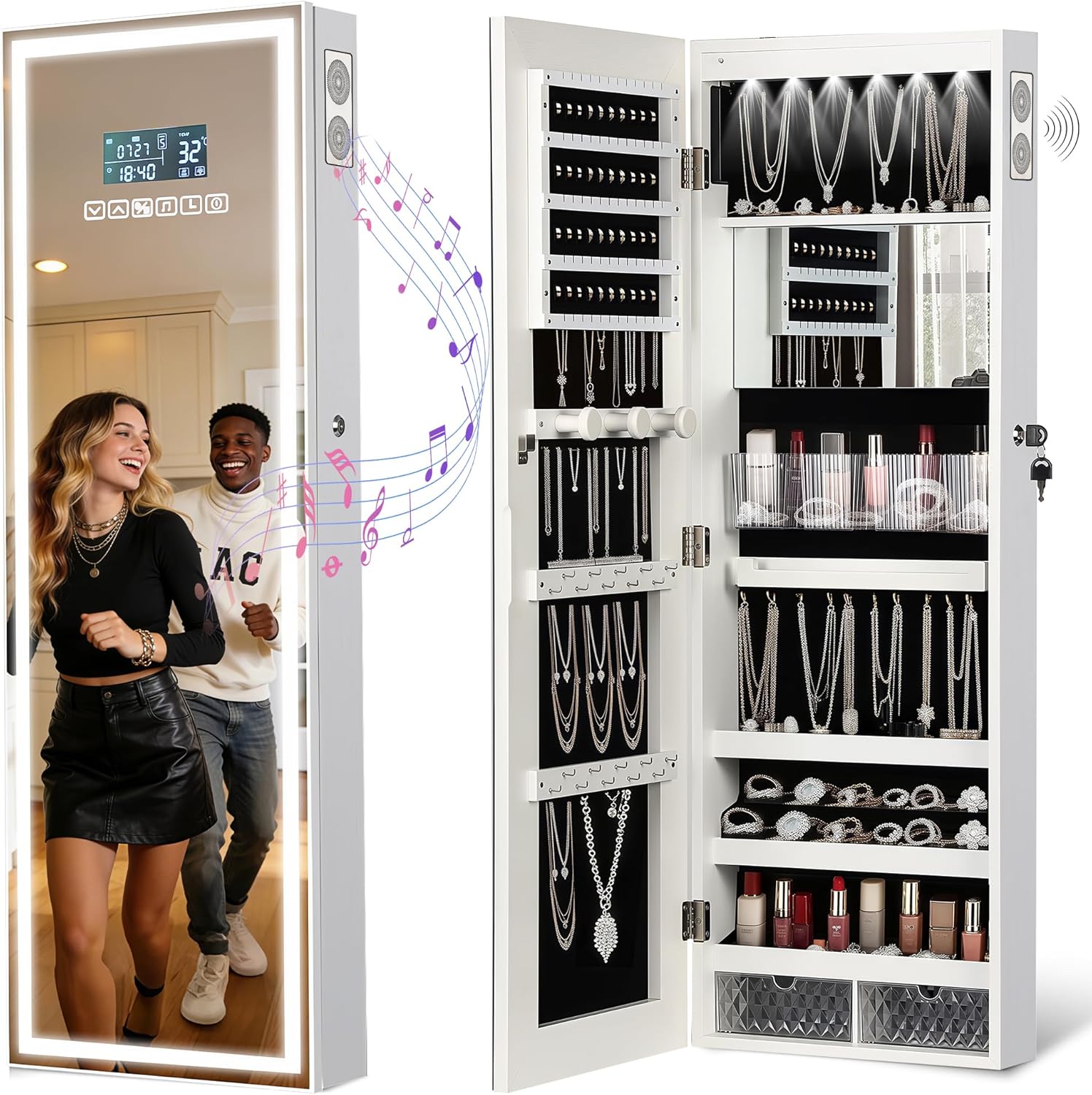 Espejo Organizador con Luz LED y Parlante Bluetooth, Blanco, 107 x 37 cm