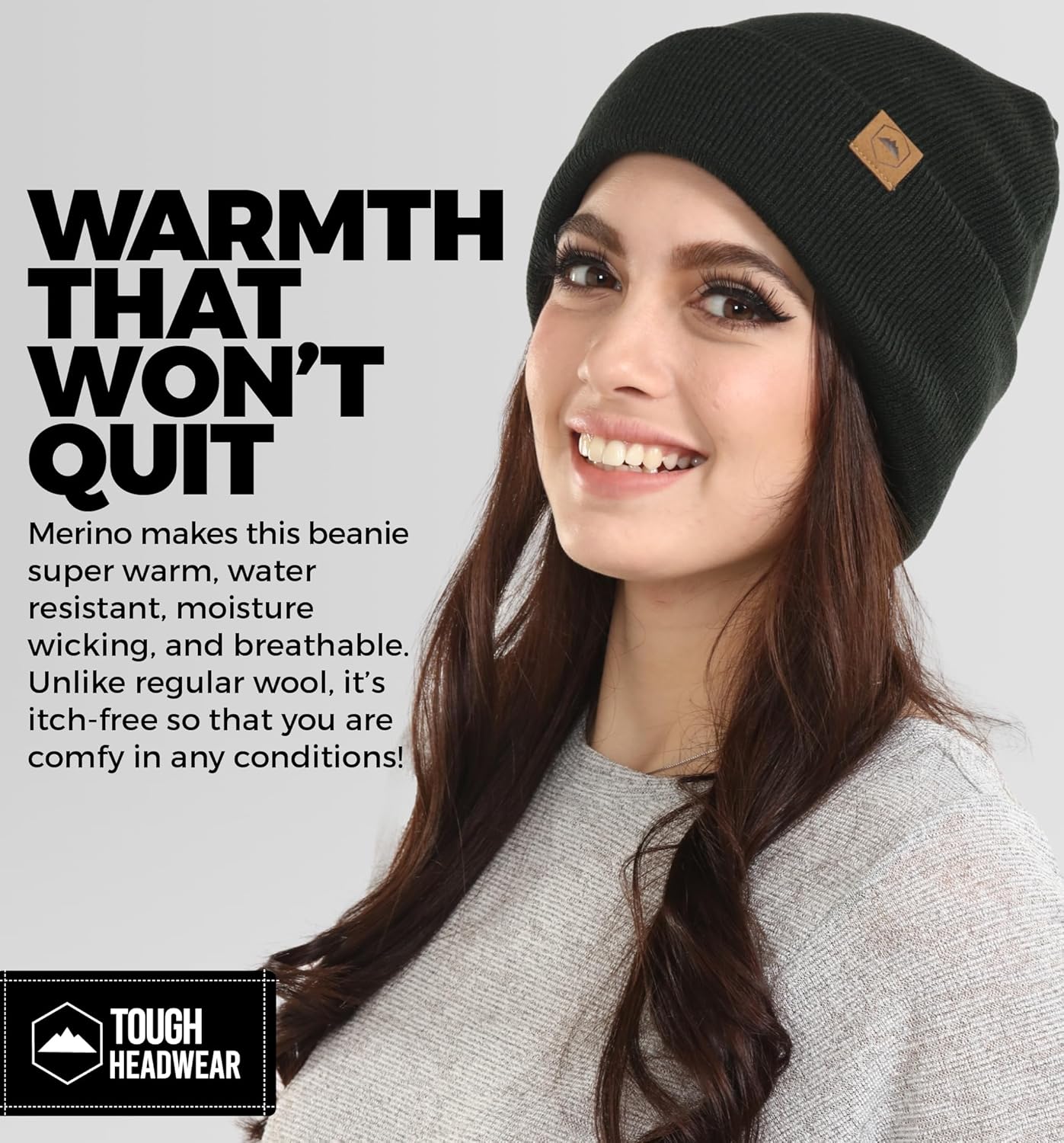 Tough Headwear Merino Wool Beanie Cap - Moisture-Wicking Winter Hats for Women - Stretchy Men’s Beanie - Soft Wool Cap - Image 4
