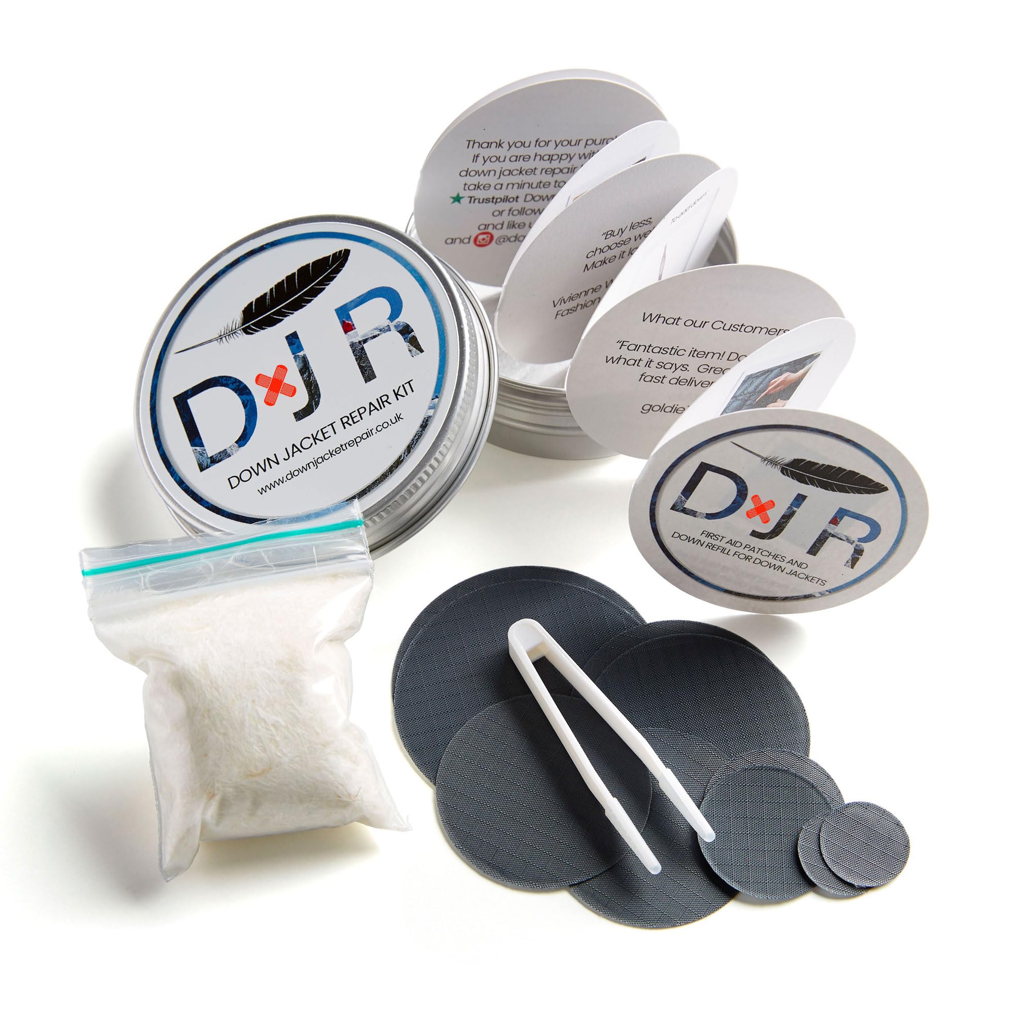 COMPLETE DOWN JACKET REPAIR KIT - 10 Easy to Use, Pre-Cut, Self-Adhesive, Waterproof, Tear-Resistant Patches + 1g Pure Goose Down to Fix Holes in Down Jackets, Outdoor Gear (Dark Grey)
