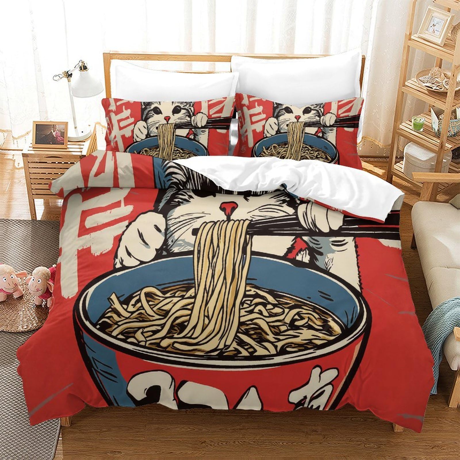 Katze Fressend Nudeln Bettbezug 3 Teile 3D-Druck Cartoon-Stil Illustration Mikrofaser Quiltbezug mit 2 Kissenbezügen Reißverschluss für Kinder und Erwachsene Schlafzimmerdekoration King（220x240cm）