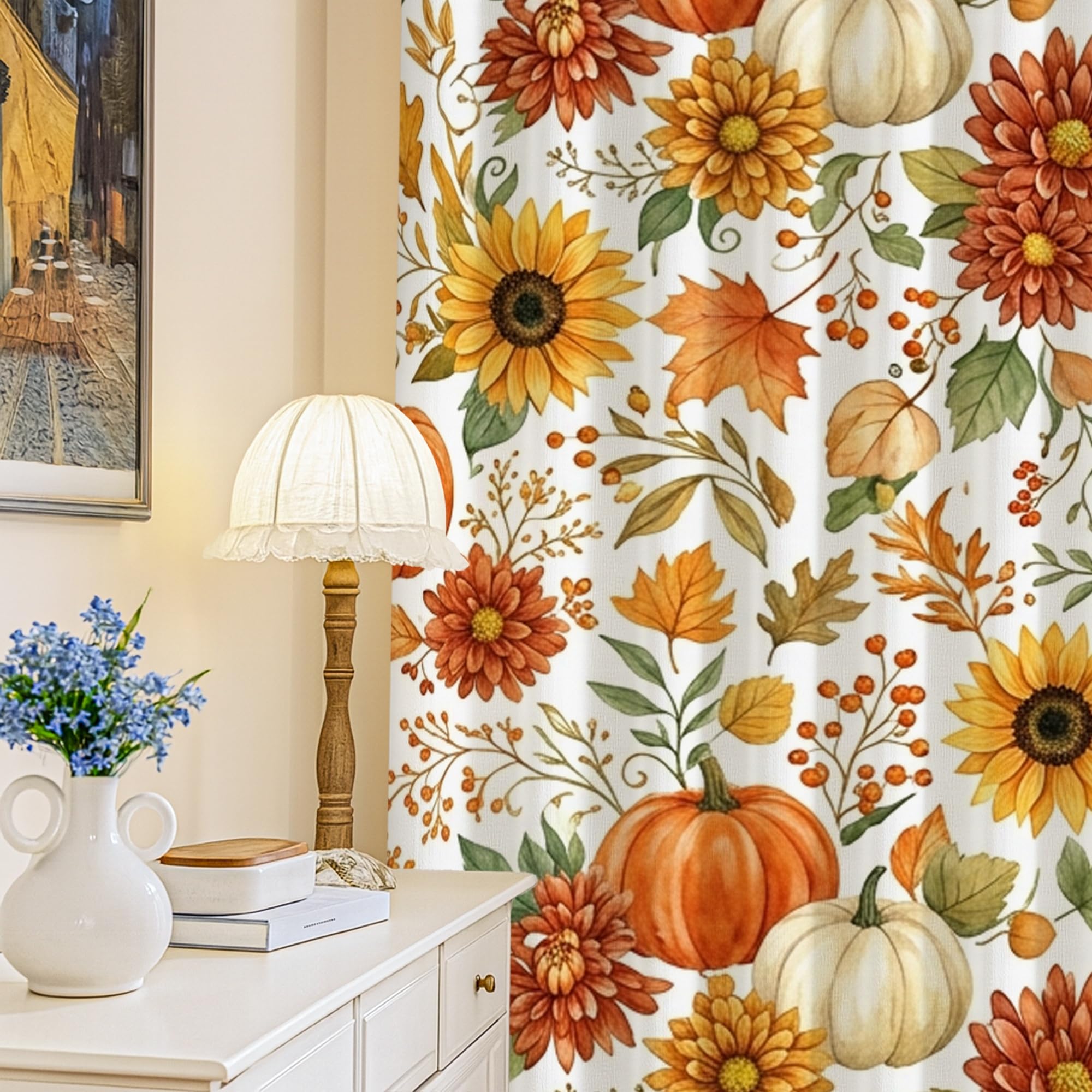 Rideaux occultants pour chambre d'enfant avec motif citrouilles et tournesols