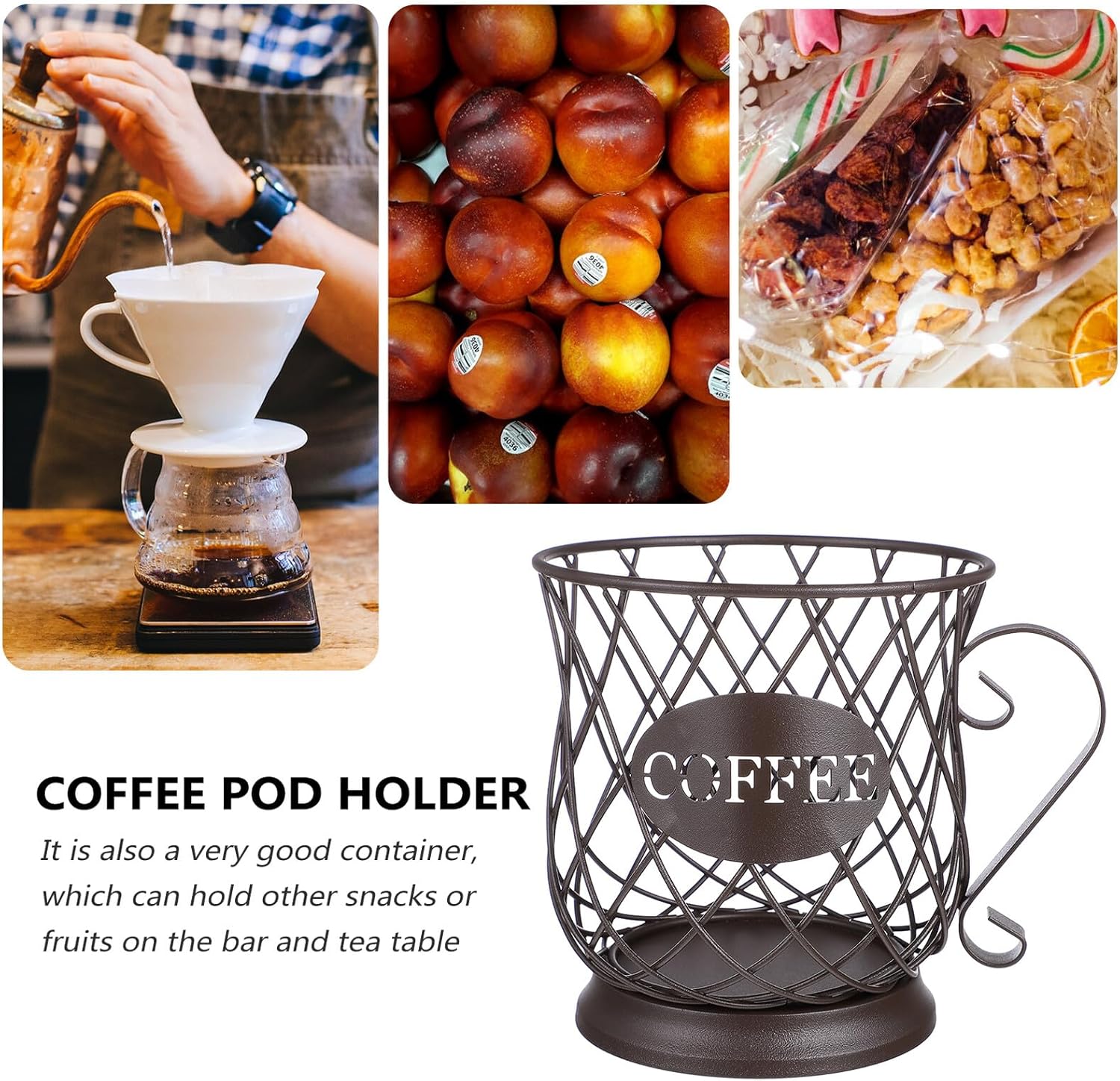 Metal Coffee Pod Holder Organizer Basket for Countertop Stylish Coffee Capsule Storage Rack in Brown for Snacks and Fruits