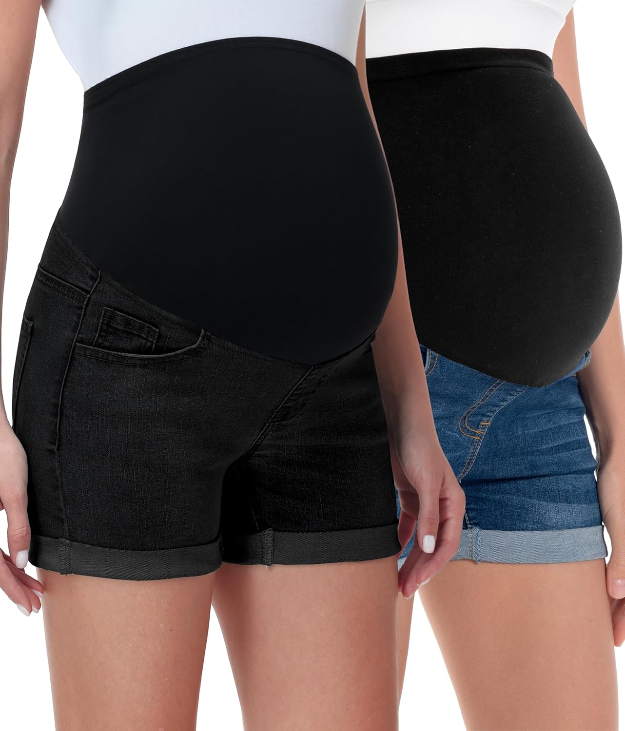 V VOCNI Women's Maternity Jean Shorts Over The Belly Stretchy Casual Rolled Hem Summer Denim Shorts