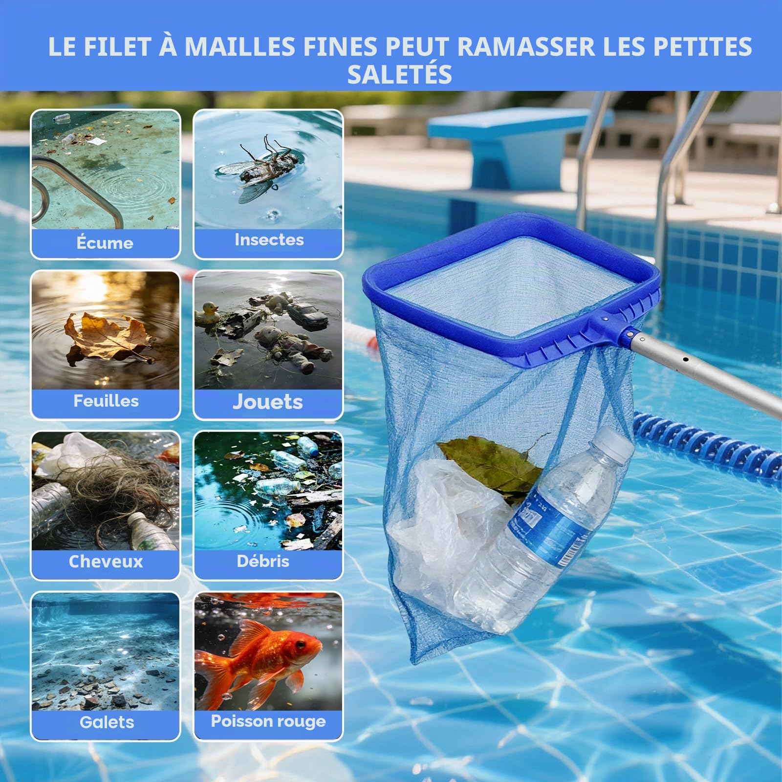 Épuisette de Piscine à Mailles Fines, Épuisette de Piscine Extra Large avec Manche Télescopique,pour Piscine, Étang, Étang à Poissons, Parc Aquatique(Longueur Totale : 120cm)