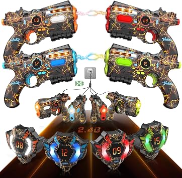 VATOS Rechargeable Laser Tag Set of 4 Player - 2.4GHz Data Fully SYNC 4 Gun & 4 Vest Sensors - Cool Birthday Toys & Ideas Laser Tag Gun for Kids Teen Adults for Outdoor Family Activities
