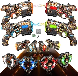 VATOS Rechargeable Laser Tag Set of 4 Player - 2.4GHz Data Fully SYNC 4 Gun & 4 Vest Sensors - Cool Birthday Toys & Ideas Laser Tag Gun for Kids Teen Adults for Outdoor Family Activities