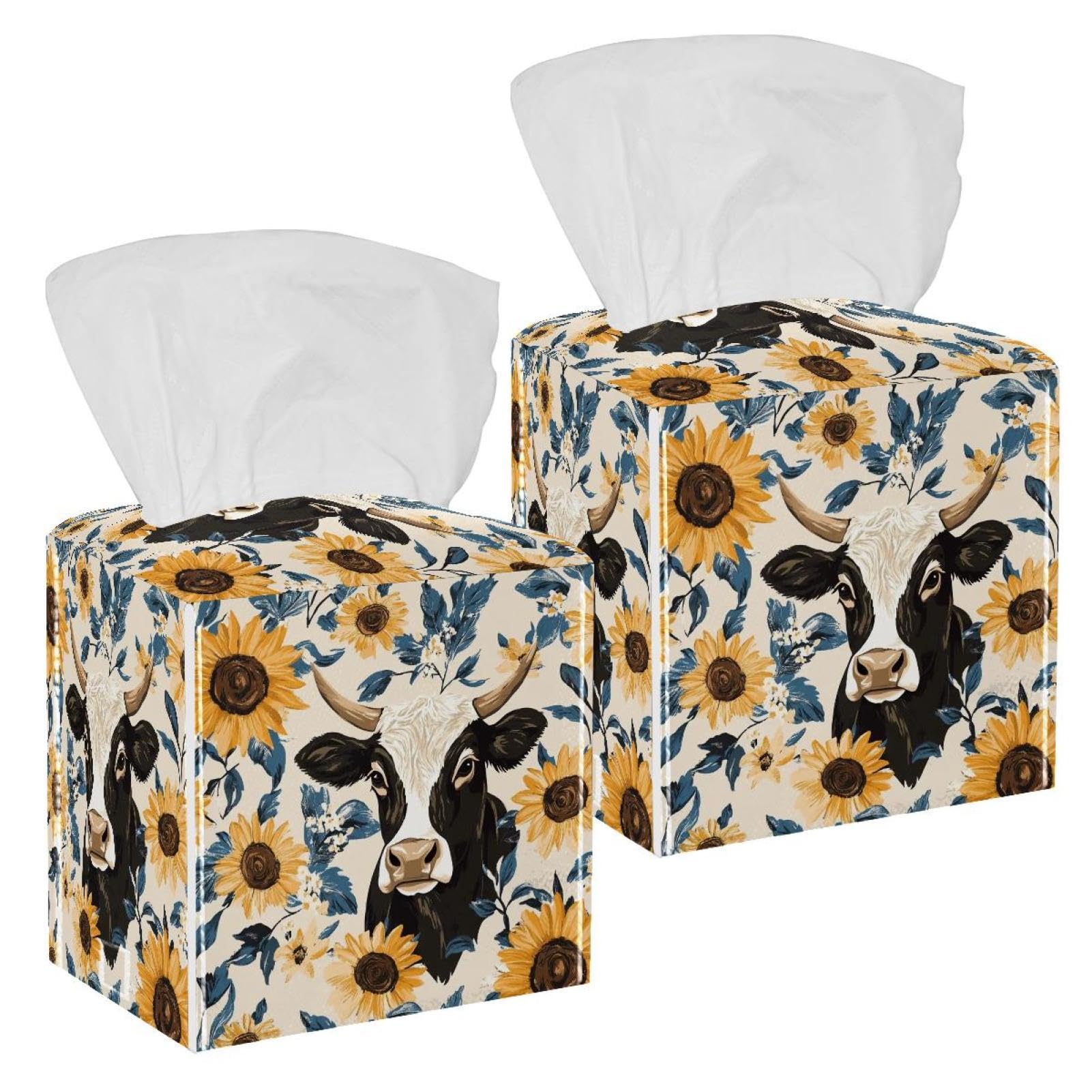 Sunflower Cow Tissue Box Cover, 2 Pack PU Leather Square Facial Tissue Dispenser Box holder for Home Office Car