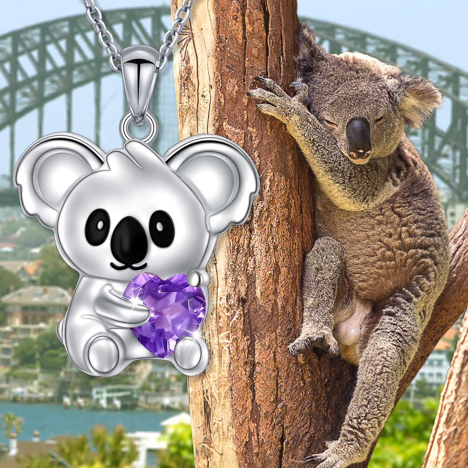 Flyow Koala Schmuck Set 925 Sterling Silber Koala Bär Ohrstecker und Halskette Süße Tier Koala Hält Herz Violetter/Blau Zirkonia Schmuck Koala Geschenke für Frauen Mädchen