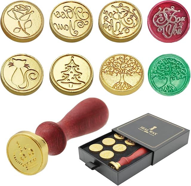 Wax Seal Stamp Set with Gift Box, 7 Pieces Sealing Wax Stamps Copper Seals 1 Wooden Handle, Wax Stamp Kit for for Cards Envelopes, Invitations, Wedding, Wine Packages, Christmas