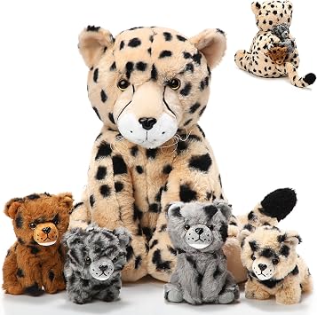 Silipull 5 Pcs Cheetah Stuffed Animals Set Large Mommy Cheetah Plush with 4 Soft Cuddly Baby Cubs in Her Tummy for Boys Girls Birthday Graduation Gifts Forest Party DecorsSitting Style