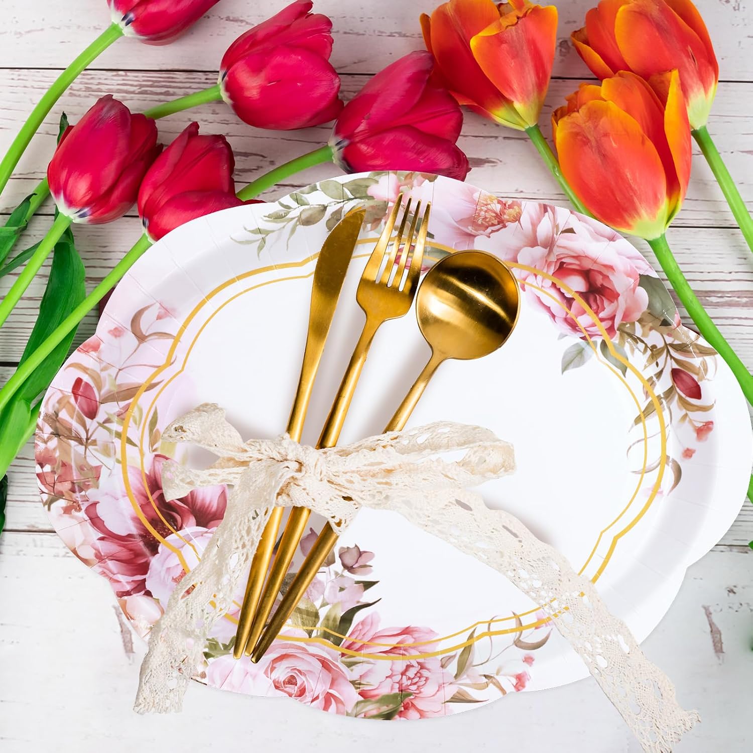 Fancy Land 24 Pcs Floral Oval Paper Plates 10 x 12 Inches Spring Disposable Dinner Platters Heavy Duty Dinnerware Bulk Tea Party Wedding Supplies Decor