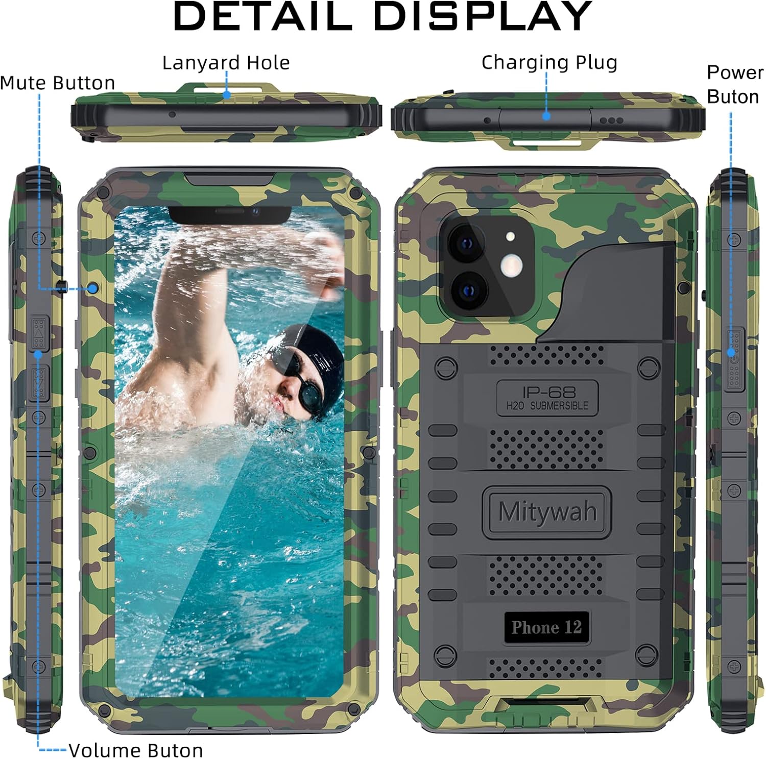 Mitywah Waterproof Case for iPhone 12, Heavy Duty Shockproof Case with Built-in Screen Protector, Full Body Underwater Protective Metal Case 6.1 inch, Camouflage