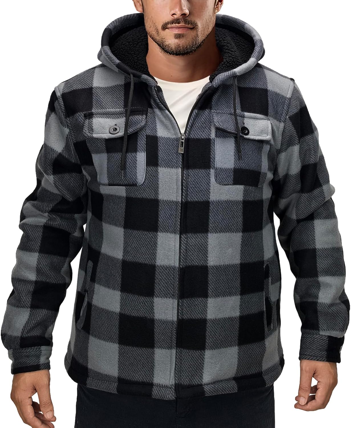 Men's Flannel Jacket Hoodie Full Zip Up Plaid Thick Fleece Sherpa Lined Sweatshirt Winter Warm Coats