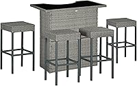 Outsunny 5-Piece Wicker Outdoor Bar Set with Glass Top, 2-Tier Shelf & 4 Bar Stools - Weatherproof Gray Patio Furniture