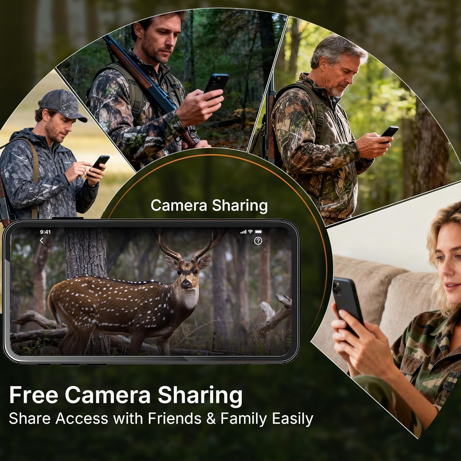 Multiple individuals sharing camera access on their smartphones.