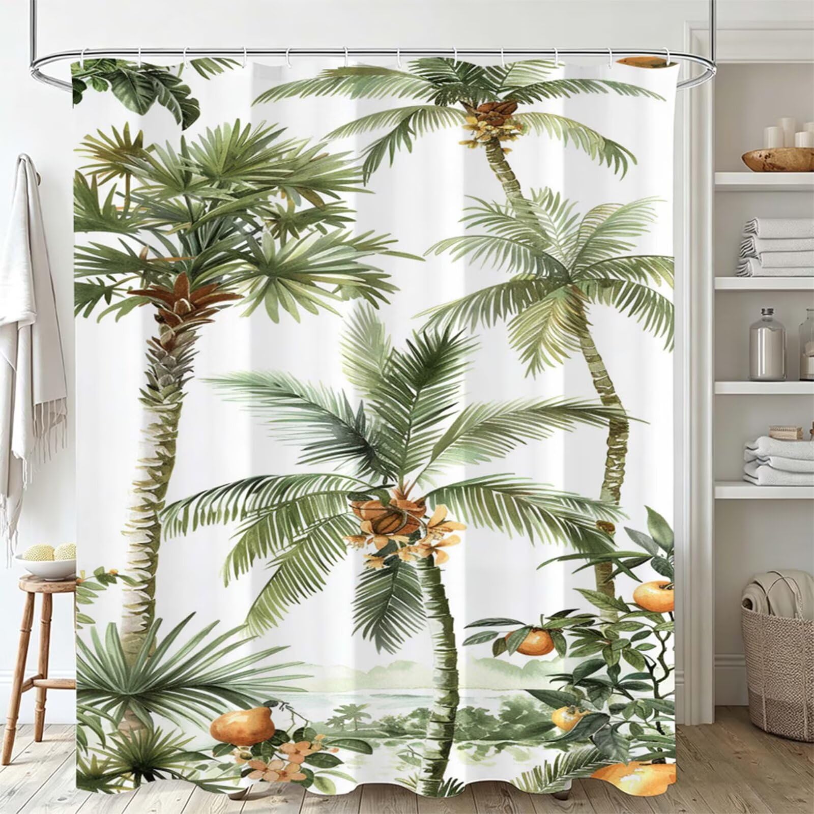 Weiß Duschvorhang 180x180cm,Duschvorhänge Kokospalmen,Bedruckt mit Kunststoffhaken,Badezimmerdekor Vorhang,Wasserdicht Shower Curtains,für Badezimmer,Badewanne,Schlafsaal,Hotel Dekorieren J-774