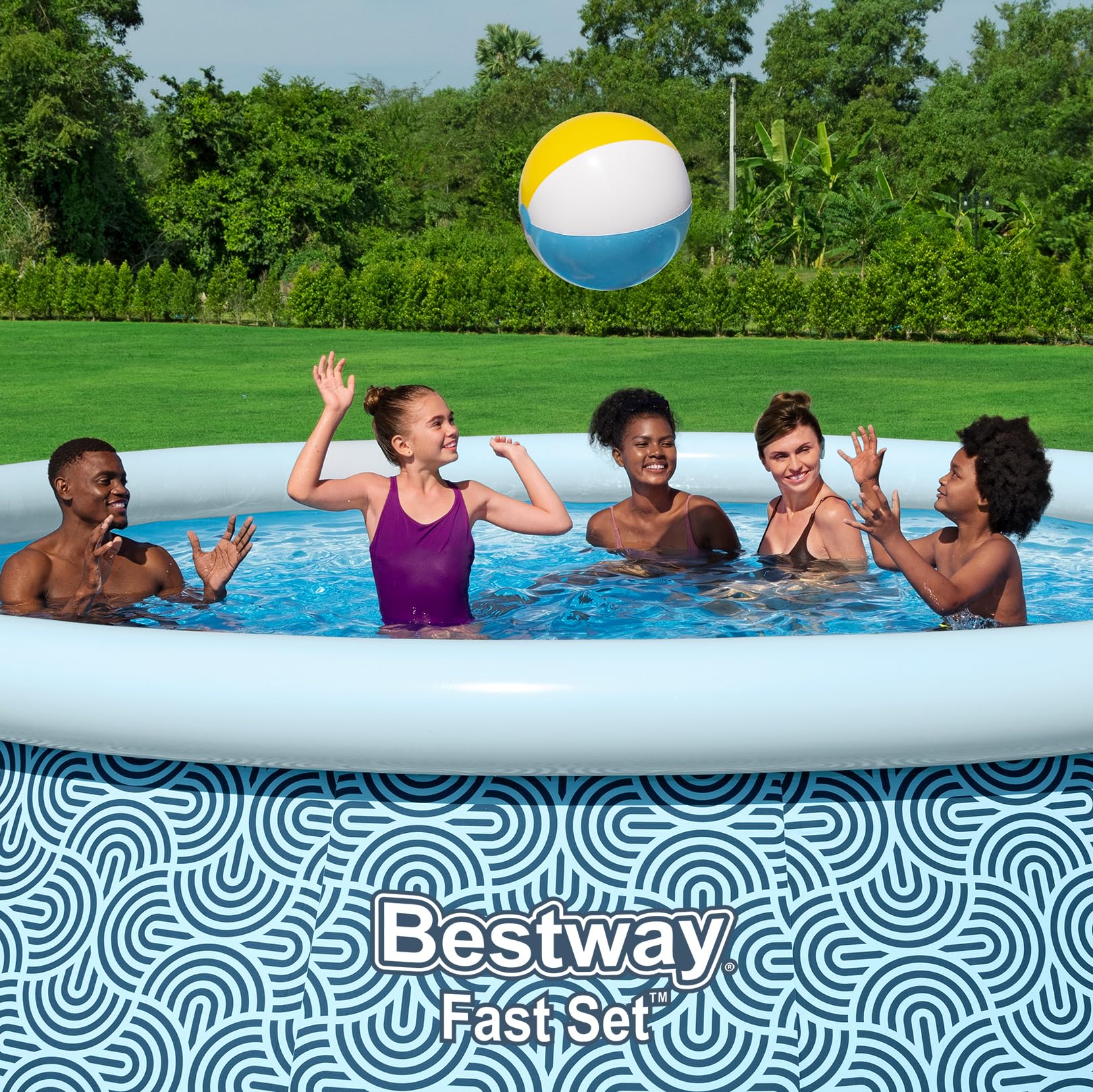 Bestway Fast Set Piscine sur Pied avec Pompe filtrante, diamètre 396 x 84 cm, 7340 litres, matériau TriTech à 3 Couches, Design Lignes Graphiques, Auto-Assemblage, Pompe à Filtre, Cartouche