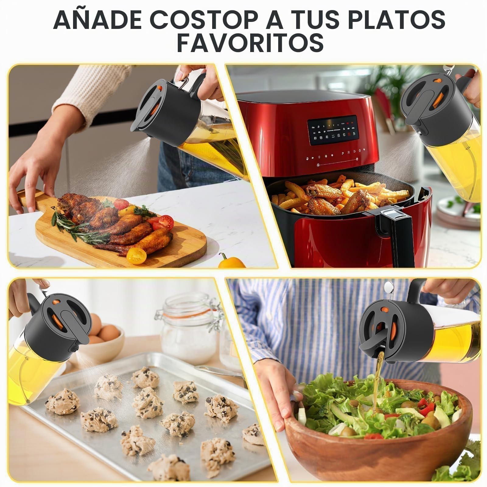 Costop Pulverizador profesional de aceite de vidrio de 500 ml, herramienta de cocina 3 en 1: niebla fina, flujo y vertido, diseño a prueba de fugas para freidora de aire, barbacoa y cocina, sin BPA