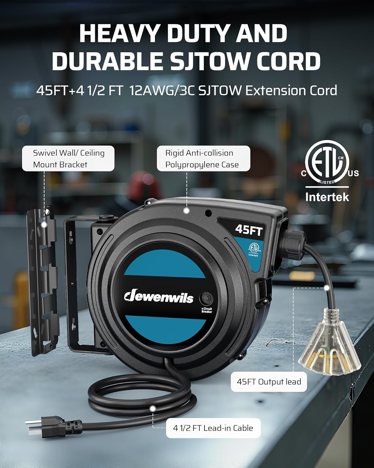 DEWENWILS 45FT Extension Cord Reel with Twist-lock Stopper, 12/3C SJTOW Heavy Duty Power Cord Reel, Brighter Triple Tap Outlet, 15A Circuit Breaker for Garage Construction Site, ETL Listed, Black