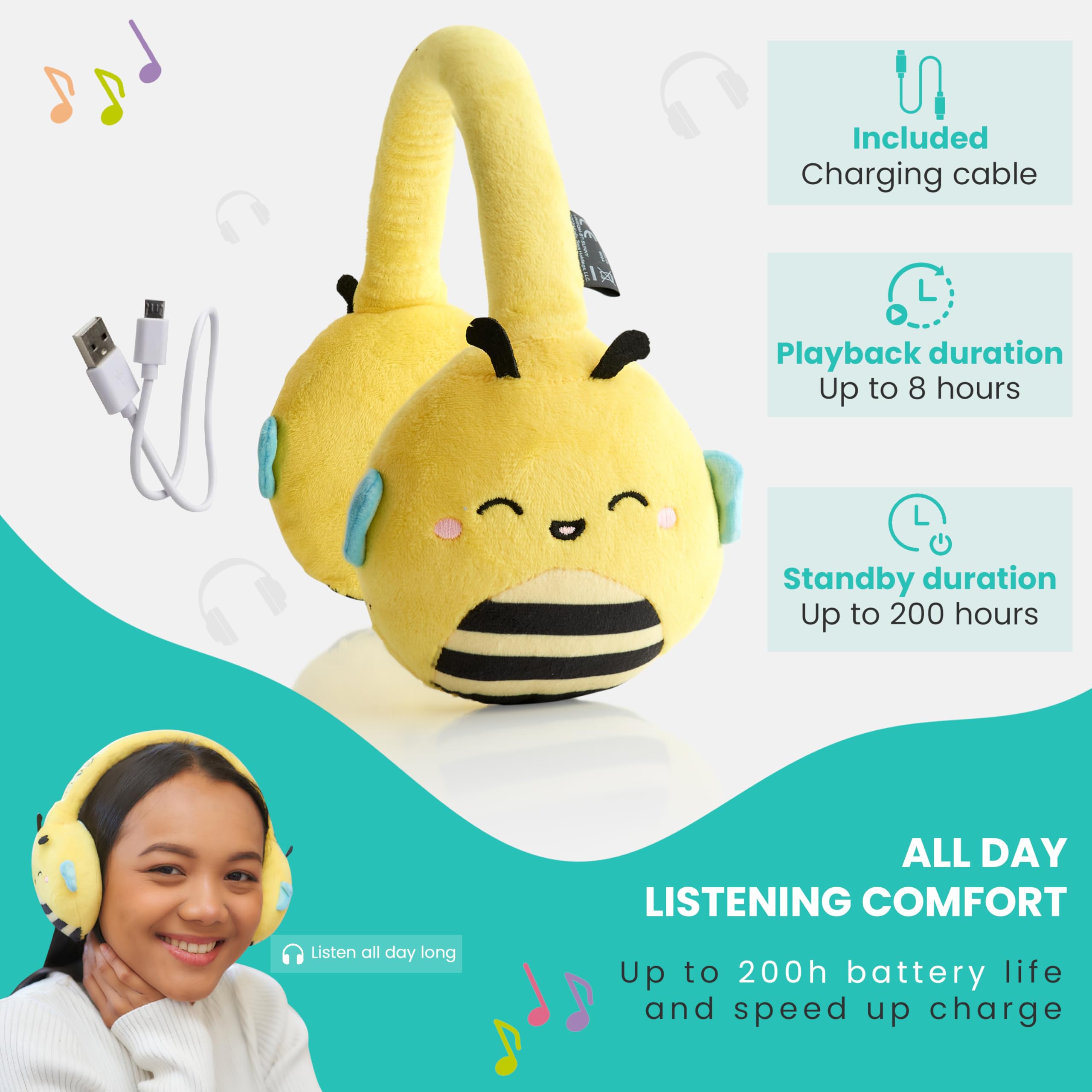 Squishmallows Sunny The Bee - Auriculares Bluetooth de felpa con micrófono integrado para hacer y recibir llamadas. Rango Bluetooth de 10 metros, control de volumen, almohadillas de felpa suave con