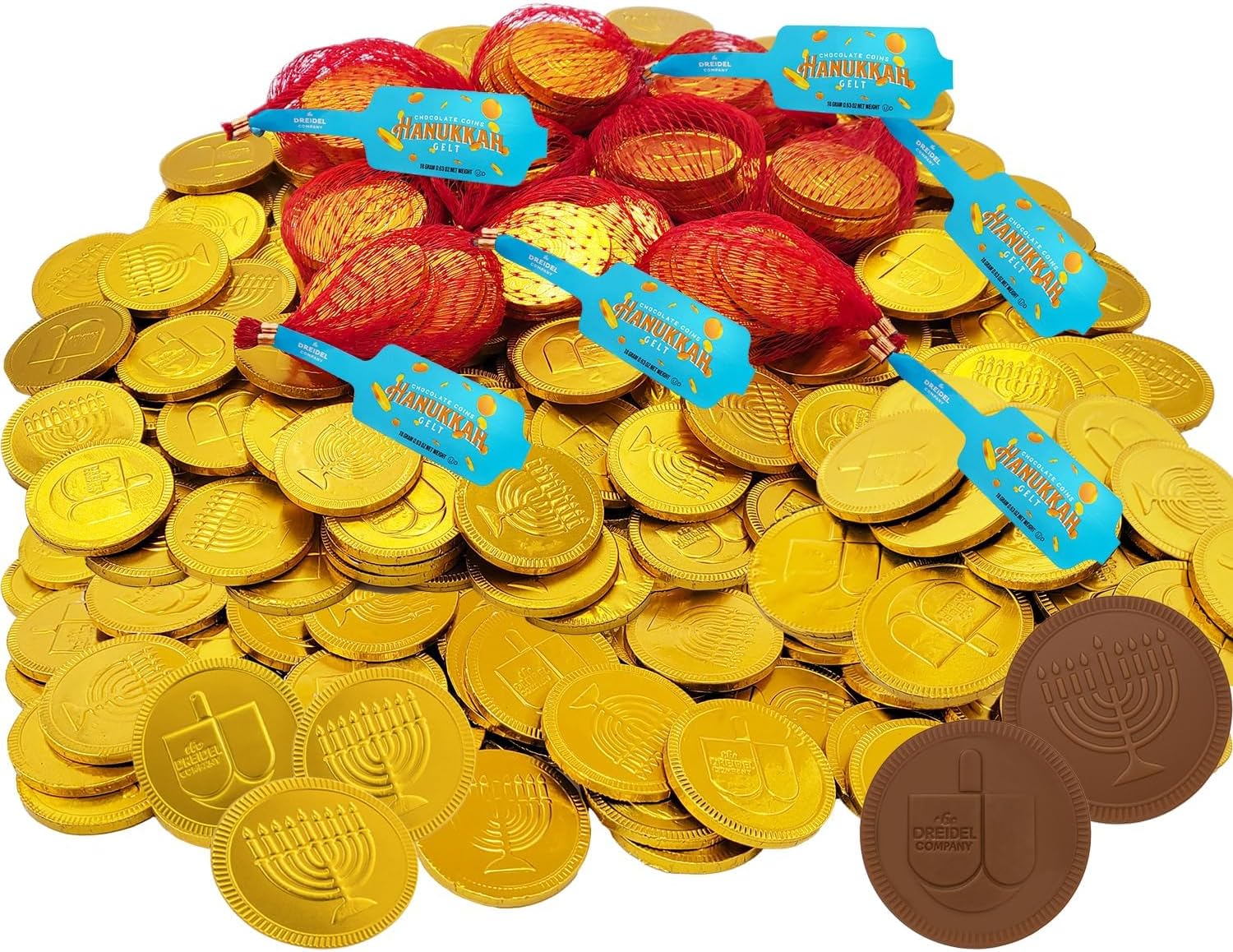 Hanukkah Chocolate Gelt, 24-Mesh Bags of Milk Chocolate Coins, Kosher Certified OU-D Dairy Dreidel and Menorah Design Chanukah Coins