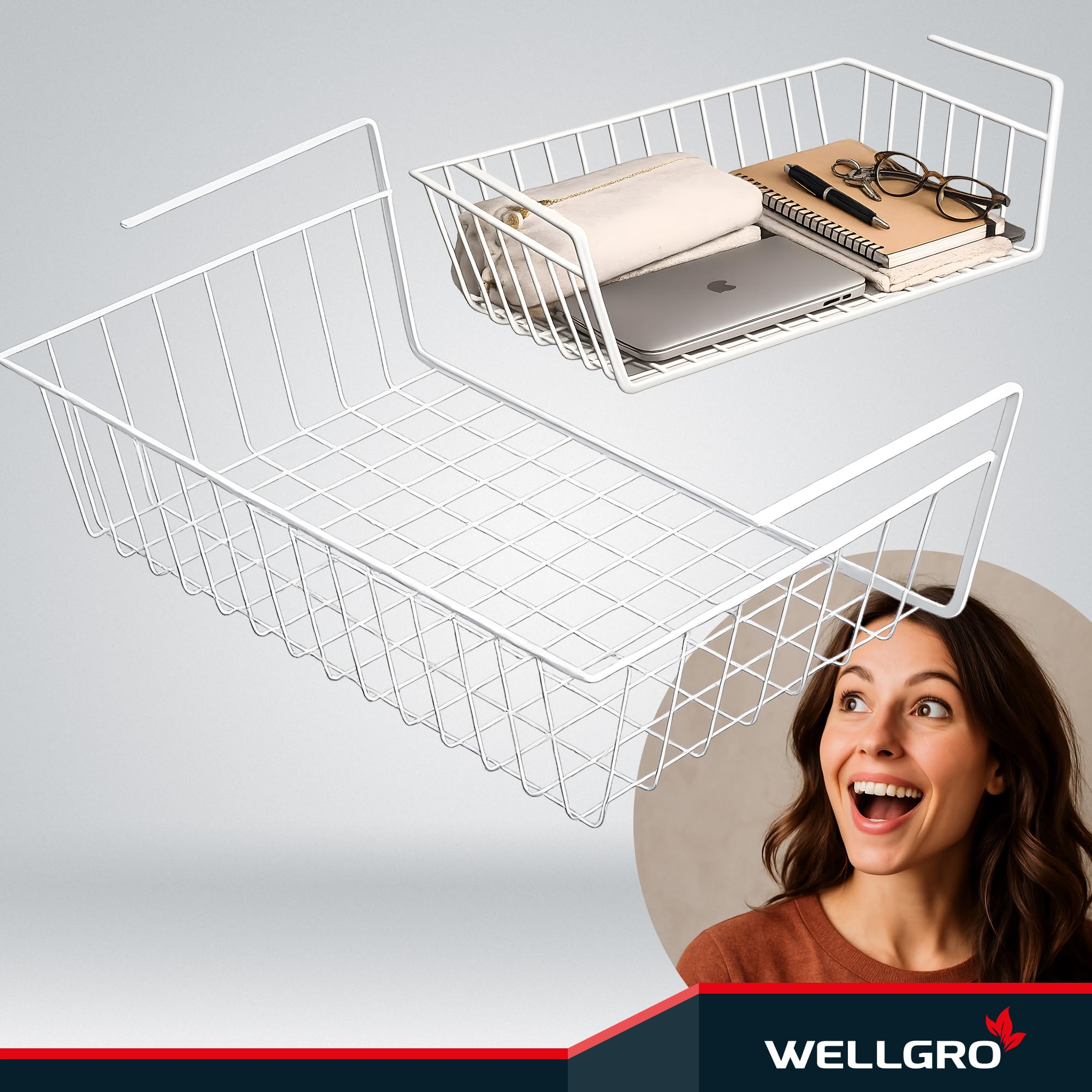 WELLGRO Corbeilles à suspendre en métal –Créez un espace supplémentaire – Métal, Blanc, env. 41 x 25 x 14 cm (L x l x h),Lot de 4