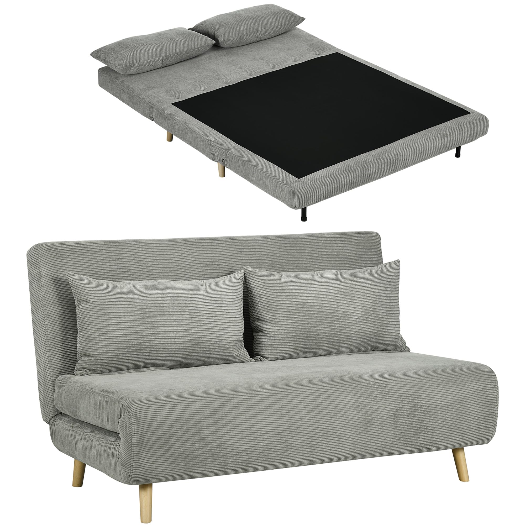 HOMCOM Divano Letto Matrimoniale con Schienale Regolabile in 3 Posizioni e 2 Cuscini, Divano Letto Clic Clac in Tessuto Effetto Lino Grigio