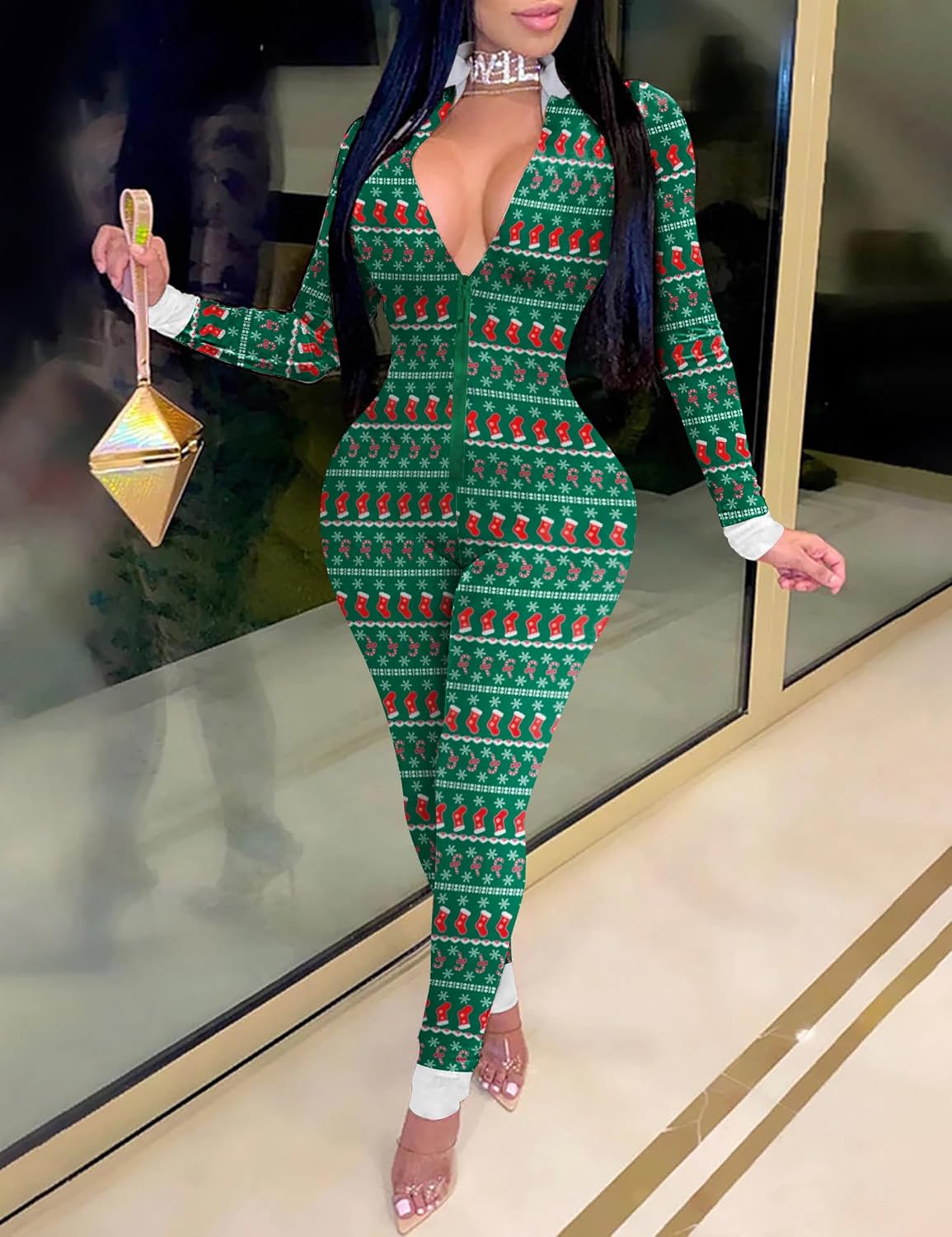 Ekouaer Christmas Onesie Women Sexy Pajamas Zipper Halloween Onepiece Bodycon Outfit Jumpsuit Costume S-XXL - Image 3