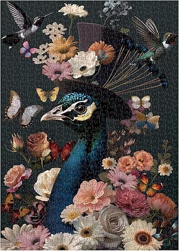 Miniatura 2 de Rompecabezas de pavo real para adultos de 1000 piezas, rompecabezas de PICKFORU coloridas flores y pájaros, colibrí, mariposa, difícil desafiante,