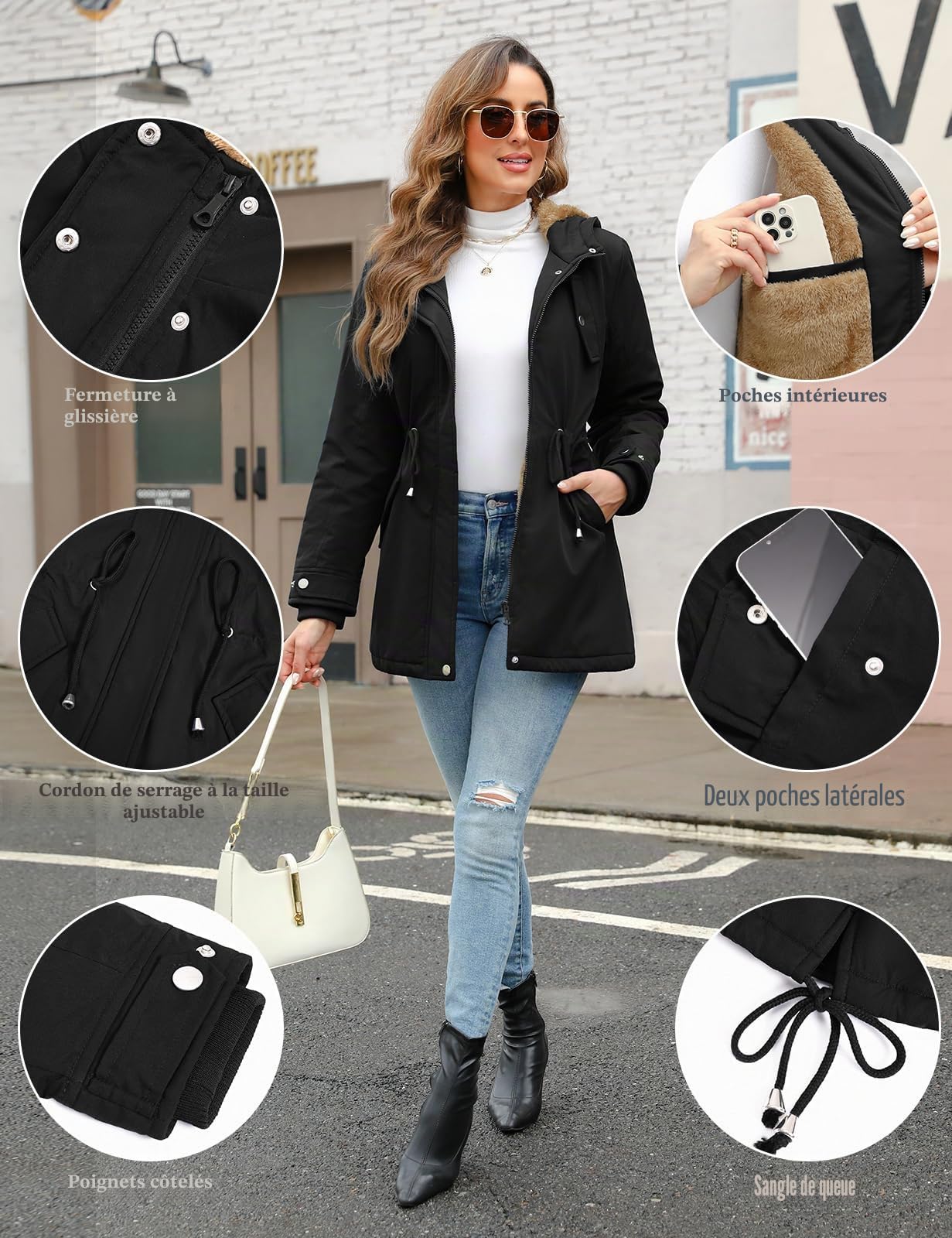 Nadeer Manteau Femme Hiver Polaire Chaud Veste Parka Manteau à Capuche Manches Longues Blouson Zippé Outercoat avec Poches