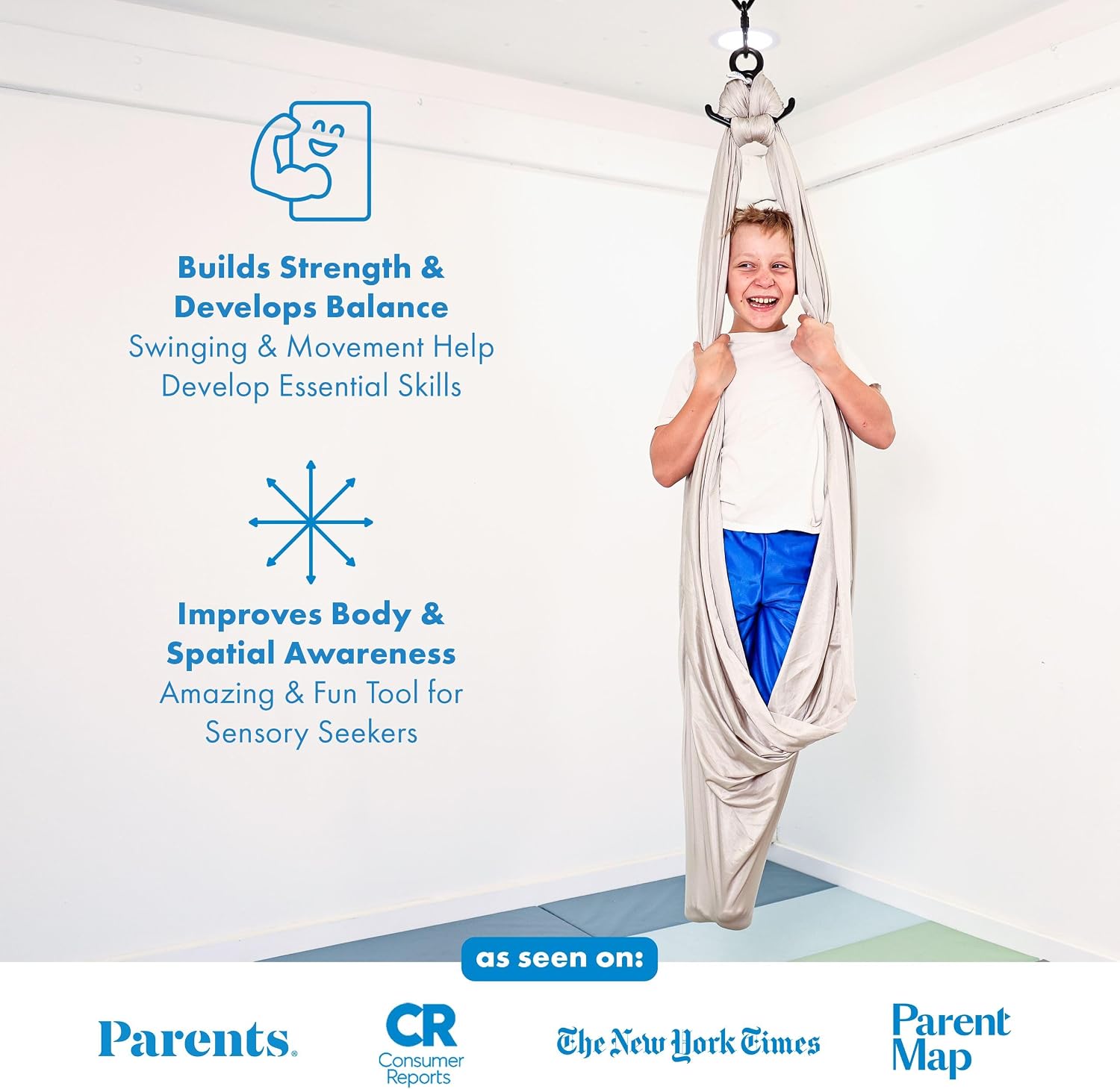 Harkla Sensory Swing for Kids & Adults - Holds 300lbs, Indoor Outdoor Sensory Swing for Hug Like Calming Effect - Durable Soft Stretch Fabric and Heavy Duty Hardware (Gray, 100" Swing + 5" Swivel)