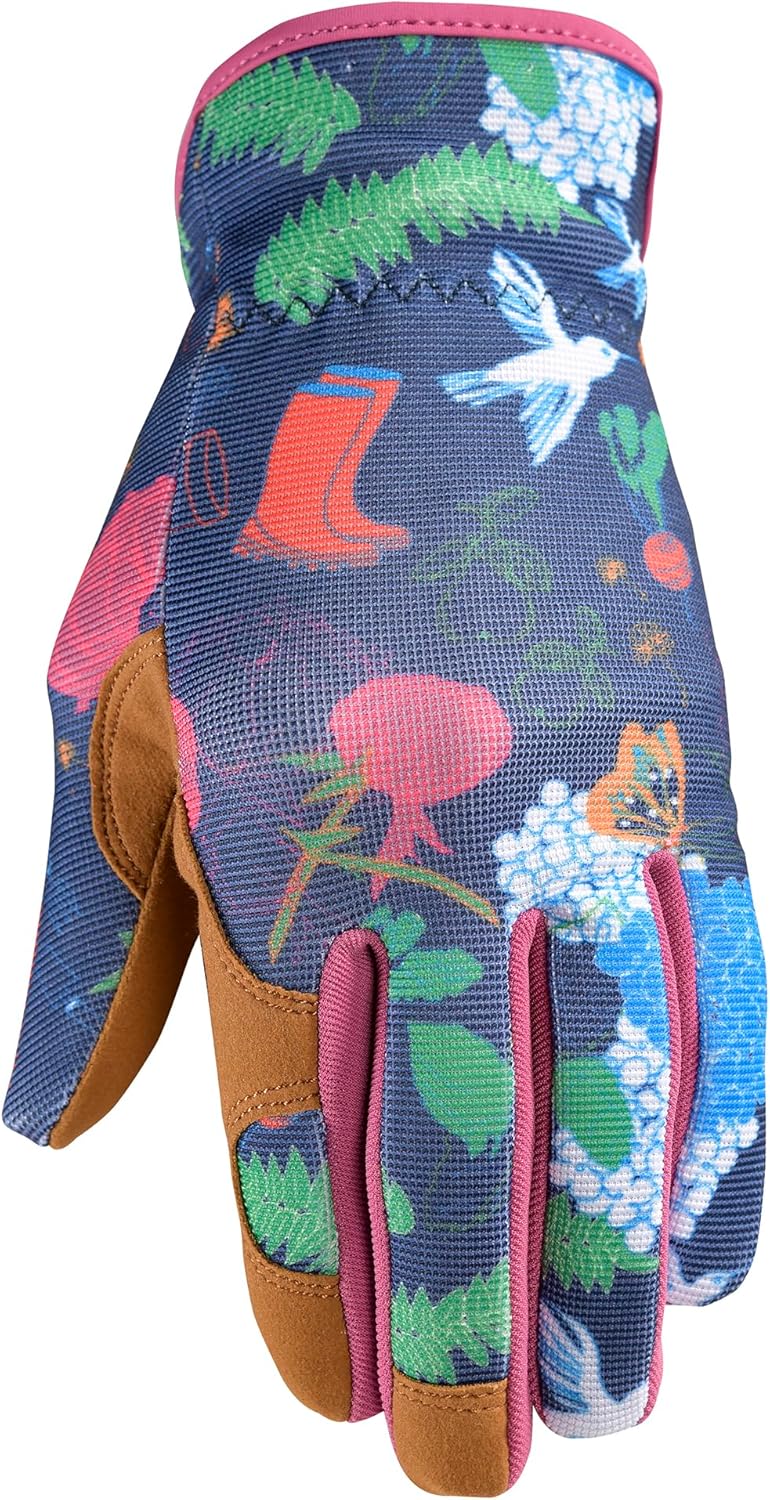 Wells Lamont Women's Garden Print Slip-On High Dexterity Work and Gardening Gloves, Navy, Medium (7753M-990)