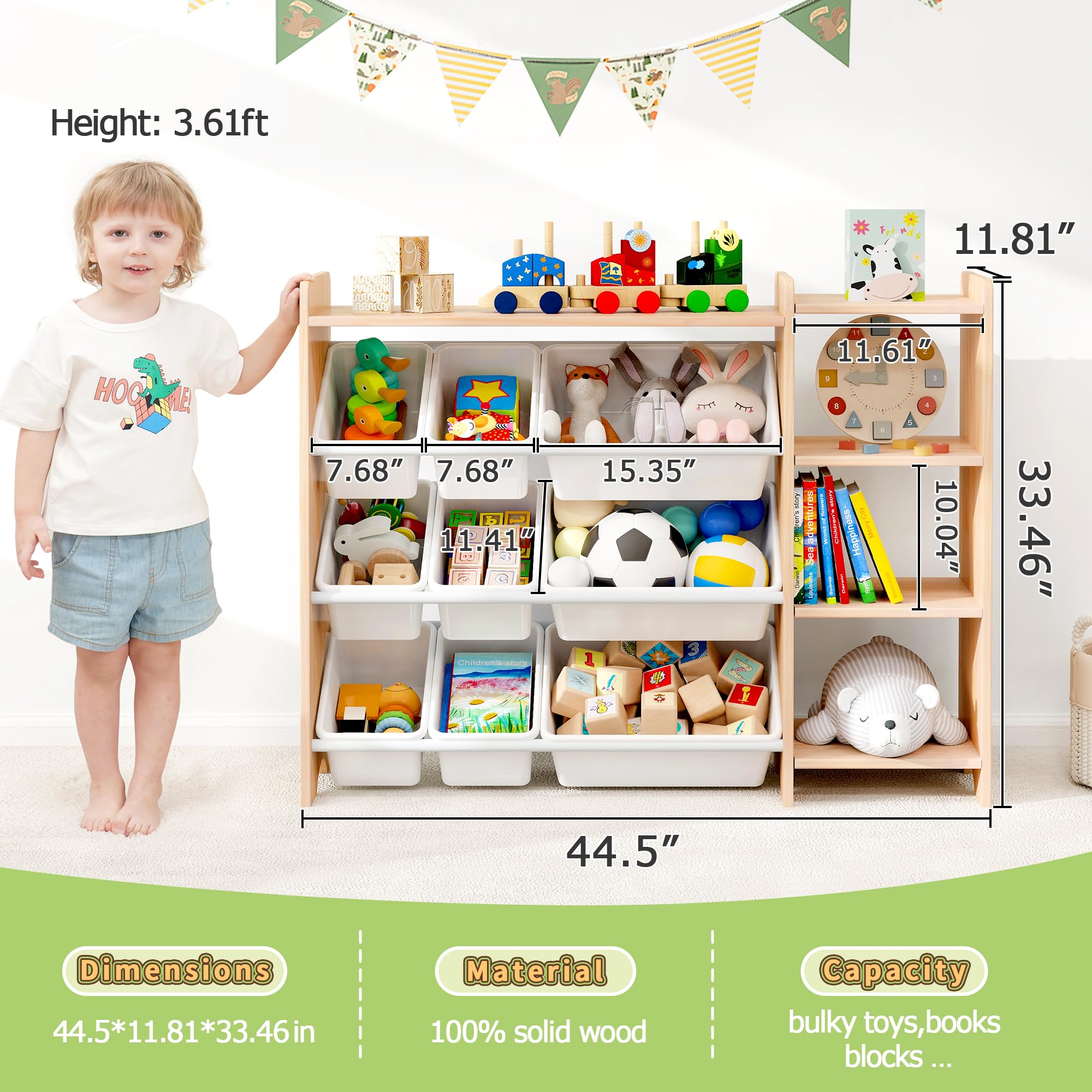 MallBest 4-poziomowy organizer do przechowywania zabawek dla dzieci, 100% lite drewno, szafka do przechowywania dla dzieci z 9 plastikowymi pojemnikami i 3 portami do przechowywania (lakier