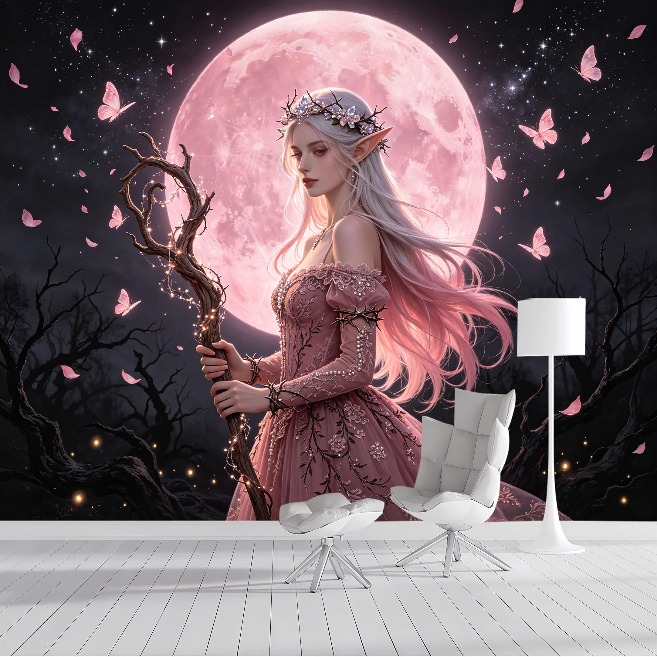 Yzpallescene Bh260711071 Custom Size Wall Mural Moon Elf Butterfly Fantasy Selfadhesive Wall Fabric Removable Peel And Stick Wallpaper Wall Decor For Living Room Bedroom Bathroom