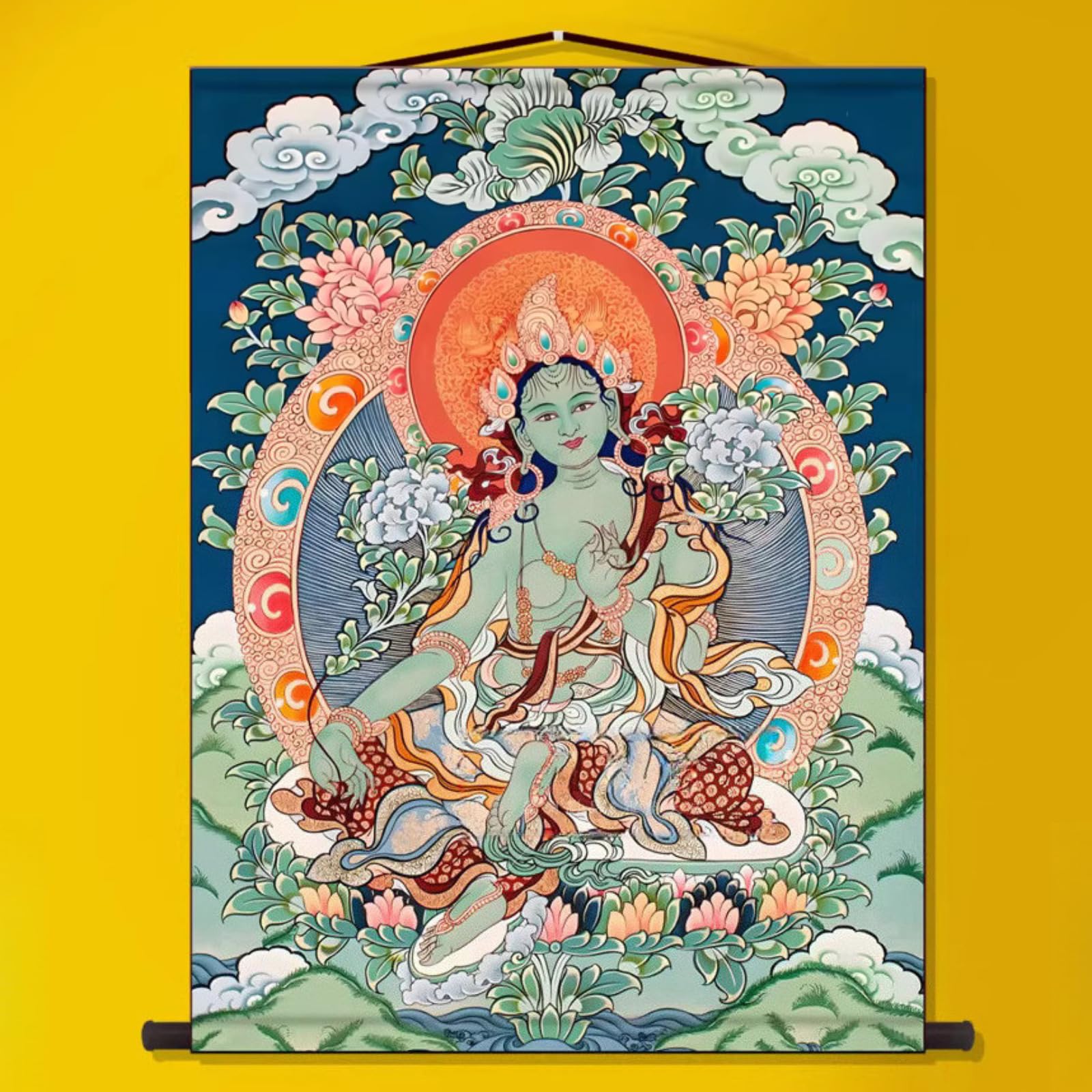 FENNYYAR Grüne Tara Thangka Wandgemälde Wohnzimmer, 75 cm, Dekoration Tibet Haushalt Bodhisattva Wandbild
