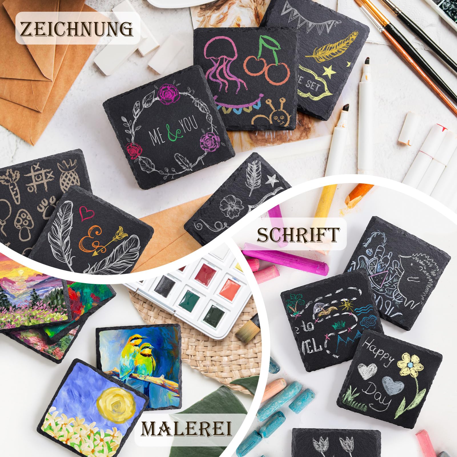 60 Stück Schiefer-Getränkeuntersetzer, GOH DODD 4 Zoll Schwarze Steinuntersetzer Set, Lasergravierte Blanko-Untersetzer mit Anti-Kratz-Boden für Zuhause, Büro, Küche, Wohnung, Bar, Quadrat