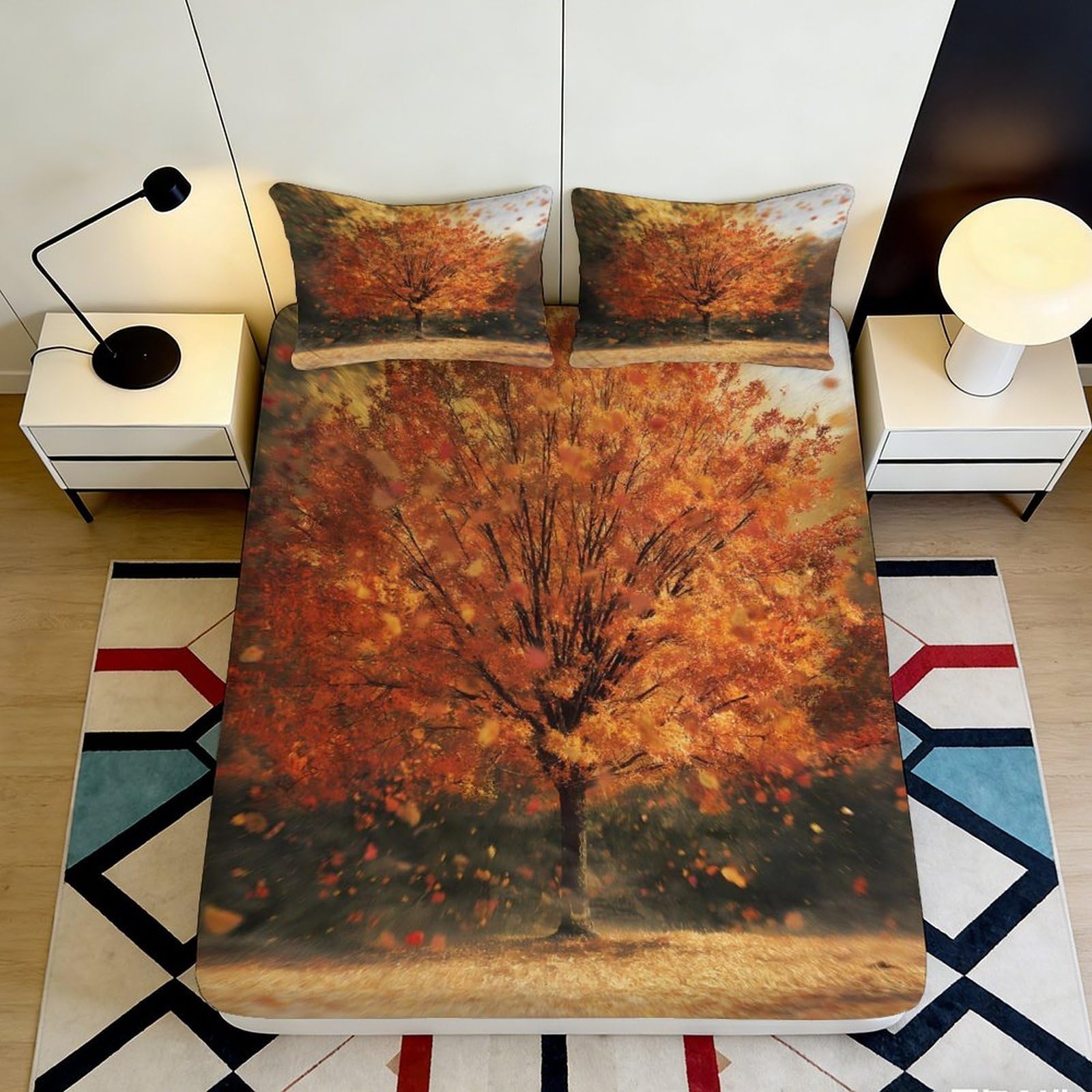 3D Printed Autumn Maple Tree Fitted Sheet Microfiber Soft Rust Orange Bed Sheet Bedroom Guestroom Decor Dustproof 90x200x25cm