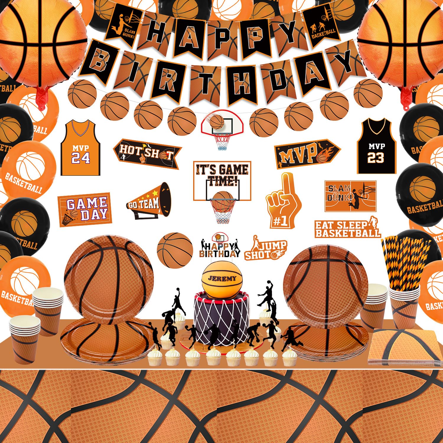 Kit Decorazioni Festa Basket Completo - Striscione, Piatti, Palloncini E Tovaglia Per 20 Persone - Foto 2