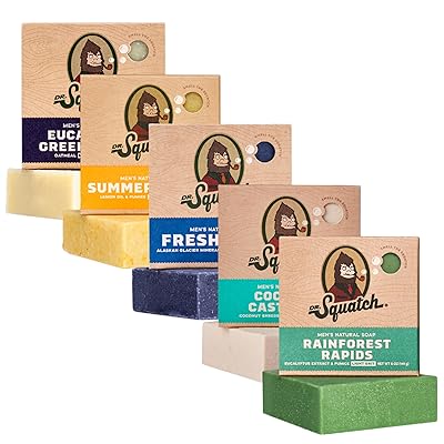 Dr. Squatch Natural Men’s Bar Soap - Cold Process Body Soap Bar with Natural Oils - Gifts for Men - Summer Citrus, Coconut Castaway, Fresh Falls, Eucalyptus Greek Yogurt & more (5 oz, 5-Pack)