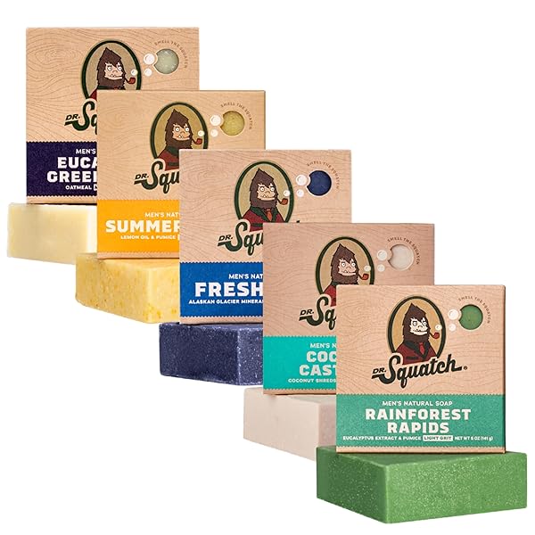 Dr. Squatch Natural Men’s Bar Soap - Cold Process Body Soap Bar with Natural Oils - Gifts for Men - Summer Citrus, Coconut Castaway, Fresh Falls, Eucalyptus Greek Yogurt & more (5 oz, 5-Pack)