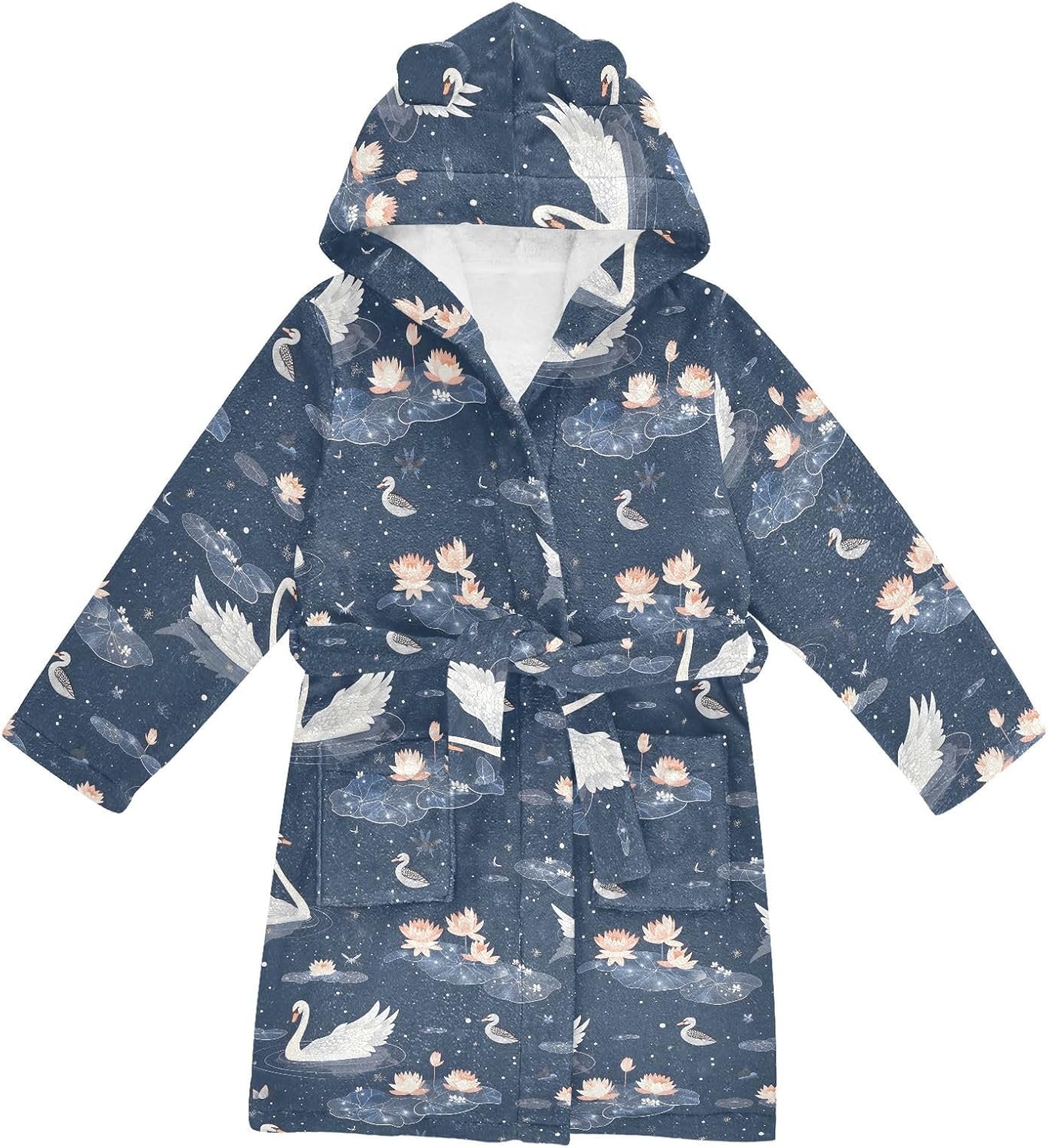 senya Swan on Lotus Pond Toddler Hooded Bathrobe Kids Soft Plush Bath Towel Robes for Boys Girls 2-12 Years