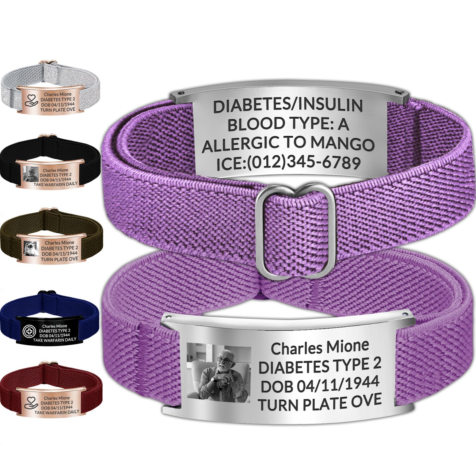 Personalized Medical Bracele for Women Men Custom Nylon elastic wristband Stainless Steel ID Bracelet waterproof, suitable for the elderly, allergy