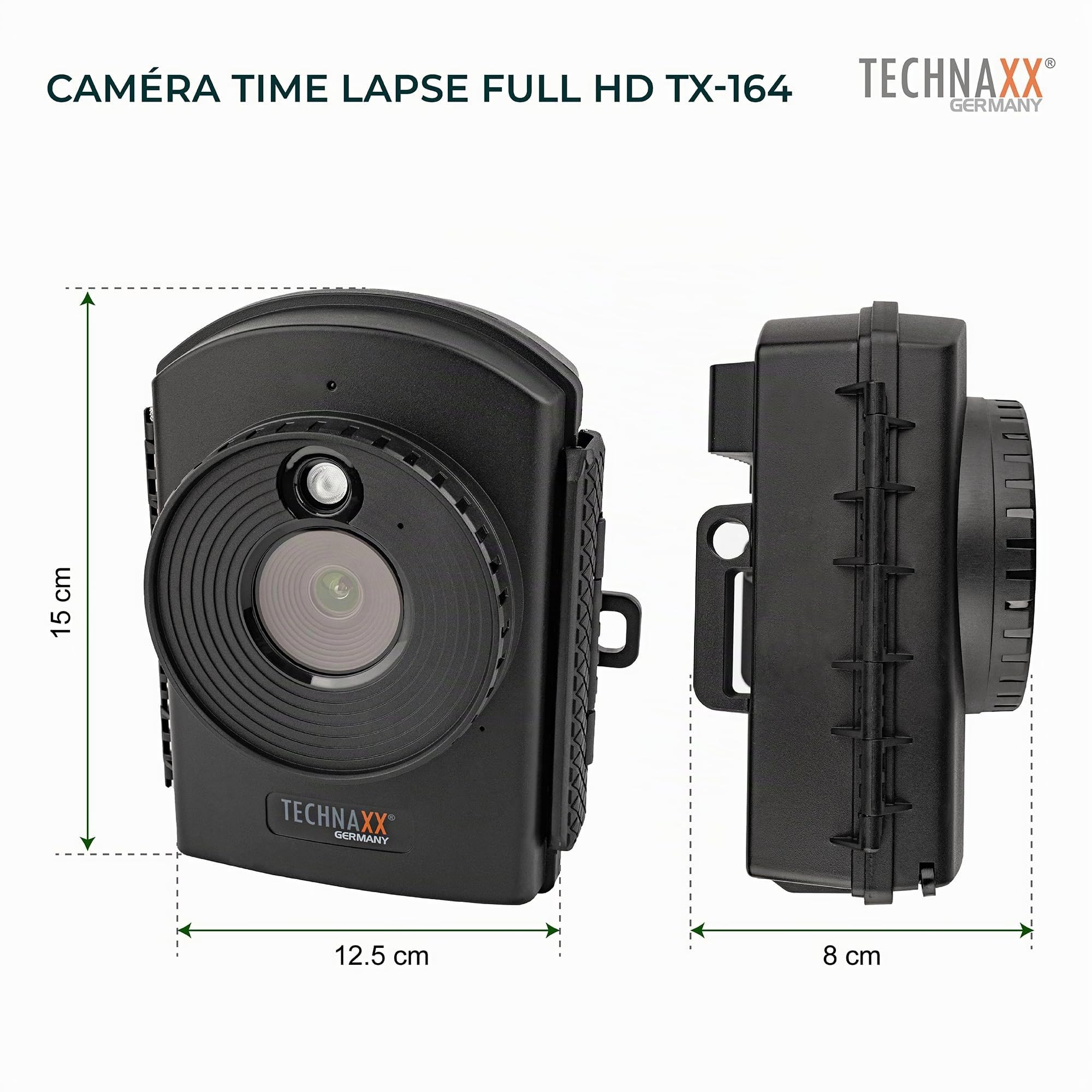 Technaxx Time Lapse Caméra - Microphone et Haut-Parleur Intégrés Capture Vidéo FullHD Fonctionne sur Batterie Plusieurs Modes Installation Facile - Video, Photo & Stop Motion Camera TX-164 Noir