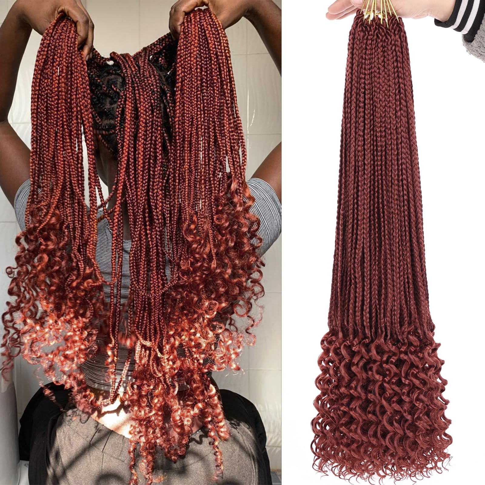 24 Inch Box Braids Crochet Hair with Curly Ends 8 Packs Goddess Box Braids Hair Extensions Synthetic Pre-looped Bohemian Box Braiding Hair for Women (