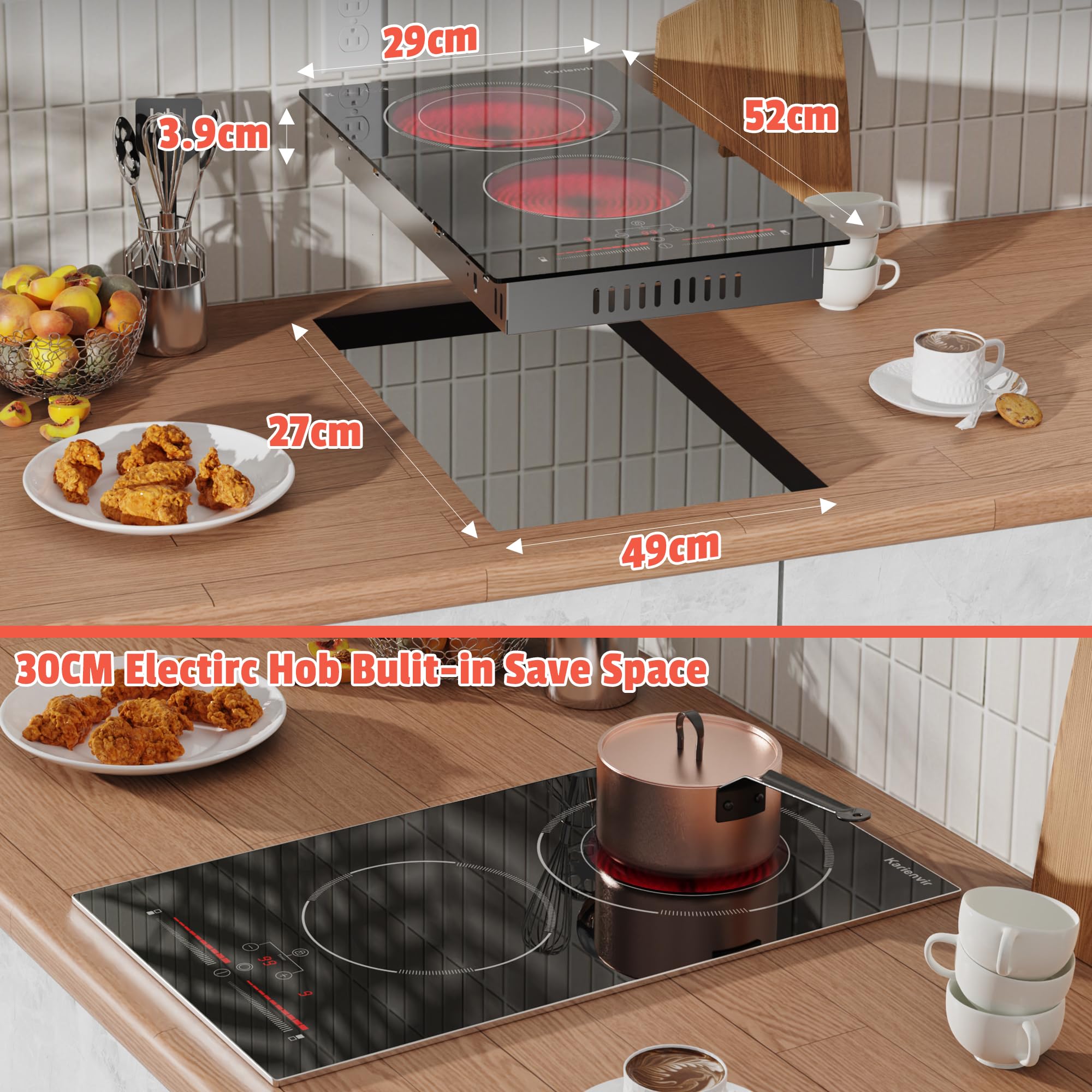 Ceramic Hob 2 Zone, 2 Ring Electric Hob Sliding Control, 30cm Built-in & Countertop Hob, 2 Ring Ceramic Hob 2800 W, 220-240V with Plug, Safety Lock, Timer, Karienvir — view 7