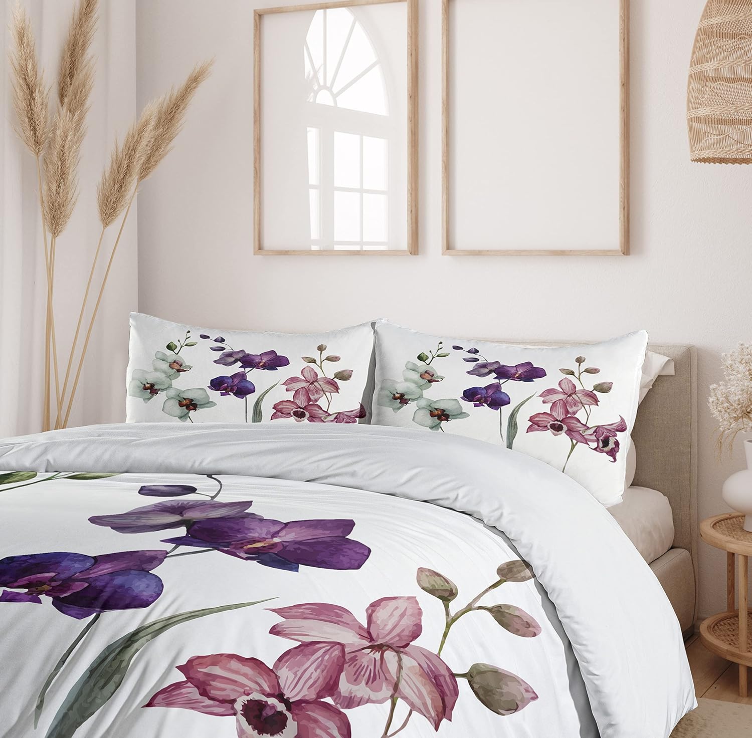 Ambesonne Watercolor Flower Duvet Cover Set, Different Orchid Flowers on Clear Background Exotic Blooms, Decorative 3 Piece Bedding Set with 2 Pillow Shams, King Size, Rose Purple