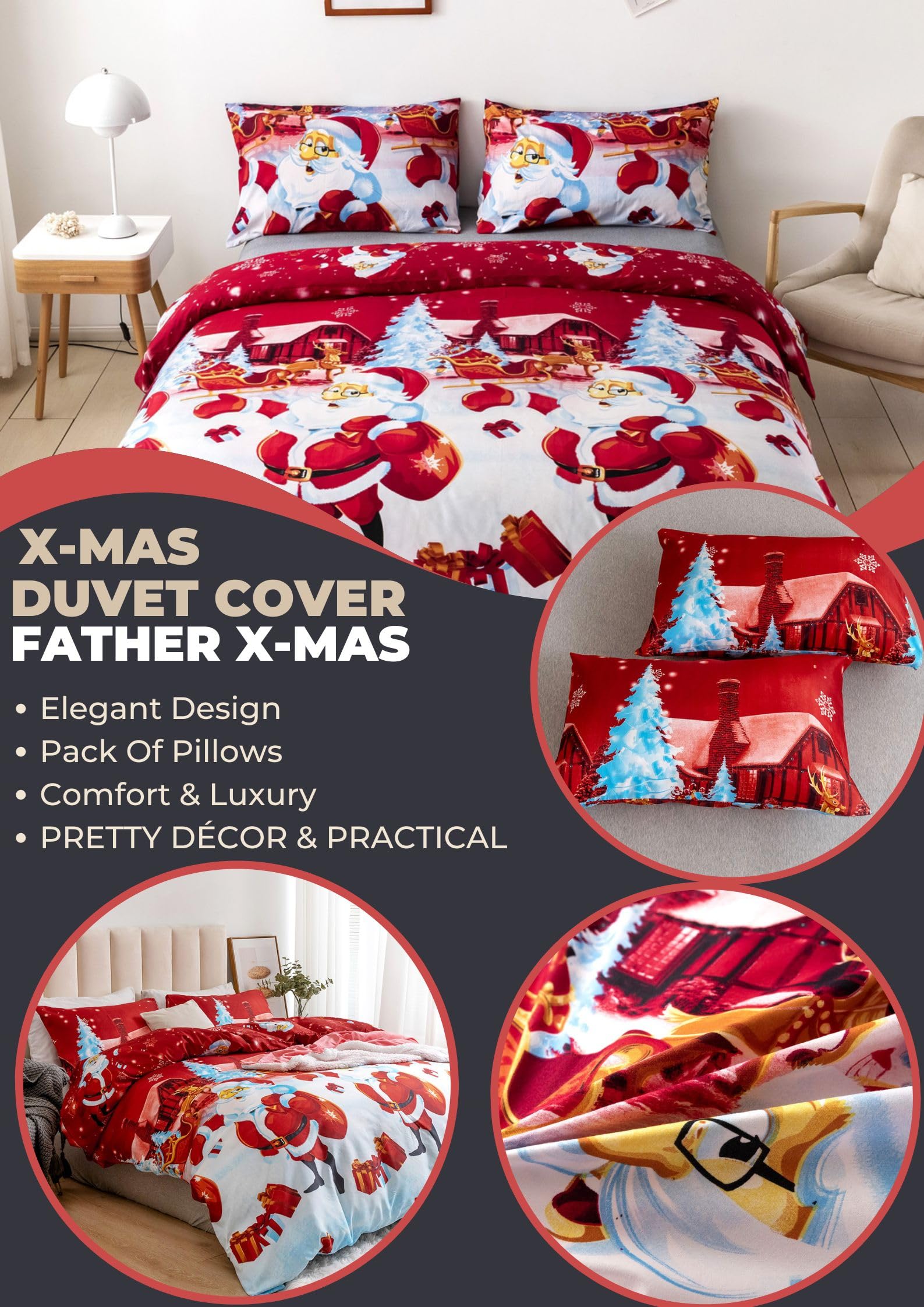 Father Christmas Royal Santa Claus Merry Santa Xmas Duvet Quilt Cover & Pillowcase Bedding Set Multi-Colour Snowman Presents Set Ultra Soft Easy Care - Image 3