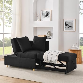 38" Breathable Linen Convertible Sofa Bed, Adjustable Fabric Pull-Out Sleeper Sofa with Wheels, Queen Size Fabric Pull-Out Sofa Bed with Space-Saving for Small Spaces, Black
