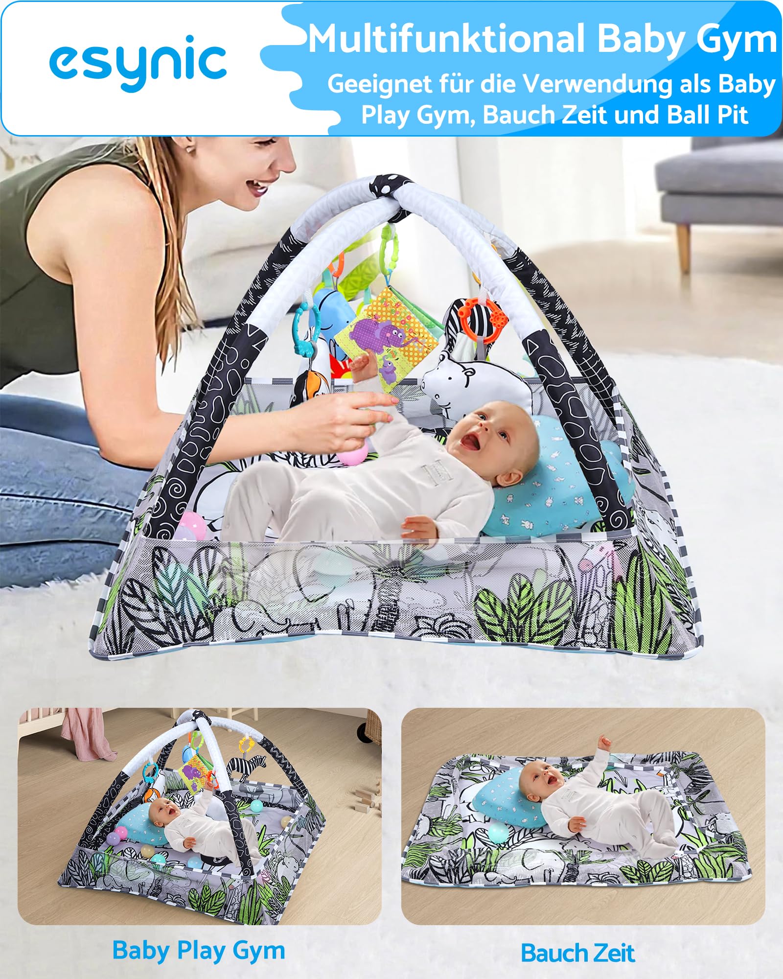 eSynic Baby Gym Spielmatte Spielbogen 7 in 1 Kickin' Tunes Spieldecke Krabbeldecke mit 5 Abnehmbaren Spielzeugen Montessori für Babys von 0-18 Monaten Schwarz-Weiß Kontrast 18 Spielbälle